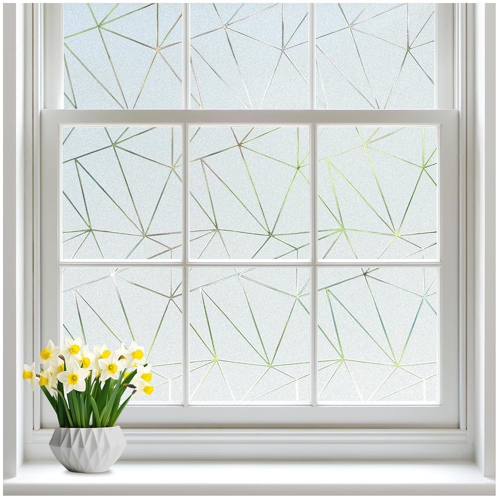 rabbitgoo Window Privacy Film with Decorative Triangle Pattern, Non-Adhesive Frosted Glass Window Film for Bathroom, UV Blocking Vinyl Sticker for