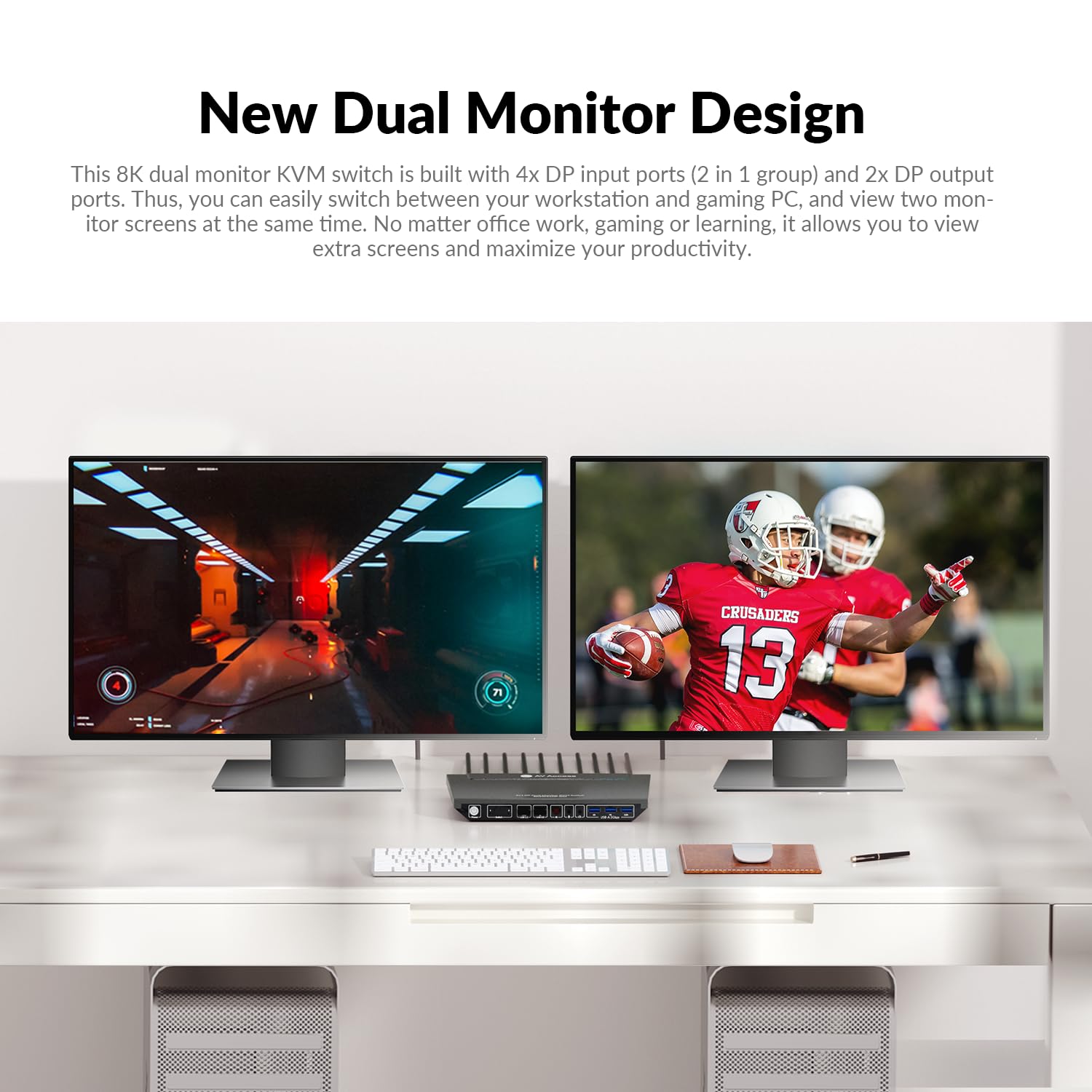 AV Access Switch KVM per 2 Computer e 2 Monitor, DisplayPort 8K@60Hz/4K@165Hz/144Hz, Switch KVM DP Dual Monitor con Porte USB 3.0, Uscita Audio, Telecomando IR, Hotkey, Include 6 Cavi DP