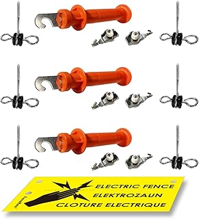 FenceMate 3 Packs Fence Gate Kit Containing Gate Anchors, Gate Handle, Wire/Rope Connectors, Warning Sign at Electric Fences or Wire Fence for Animal, Farm, Garden, Sport, Security