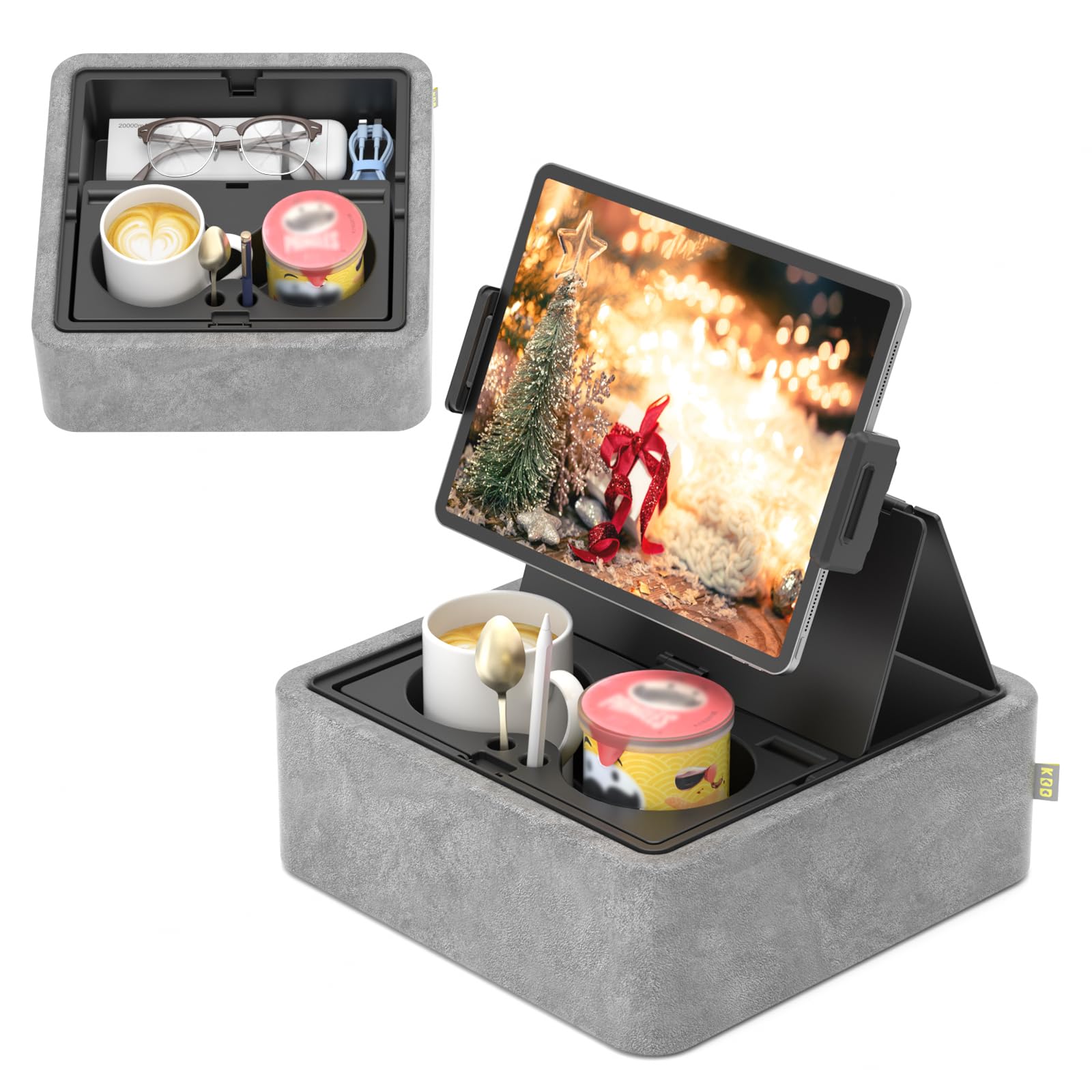 KDD Tablet Pillow Stand Adjustable iPad Holder for Bed Lap and Desk with Two Cup Holder and Storage