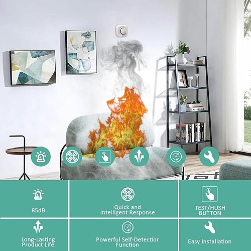 Miniatura 6 de Alarma óptica de humo con tecnología fotoeléctrica avanzada, detector de alarma de humo con batería para el hogar con botón de prueba y botón de