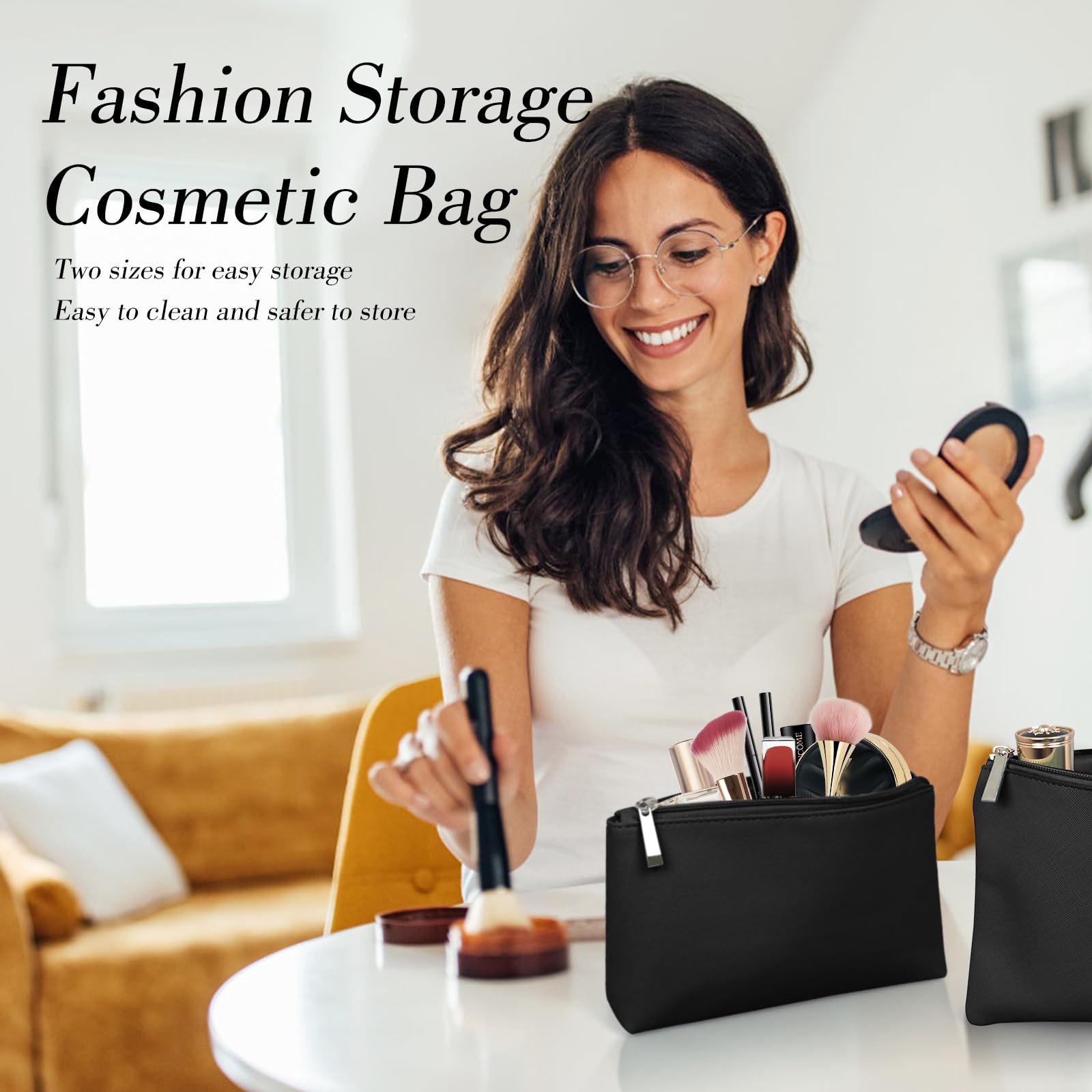 2PCS Small Cosmetic Bag, 2 Size PU Leather Waterproof Travel Toiletry Bag with Zipper - Image 2