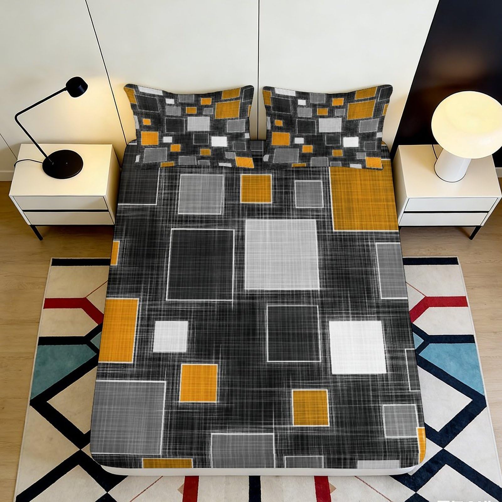 3D Printed Geometric Abstract Fitted Sheet Microfiber Soft Black Grey Yellow Modern Squares Mattress Cover for Bedroom Dorm Guest Room 200x200x25cm