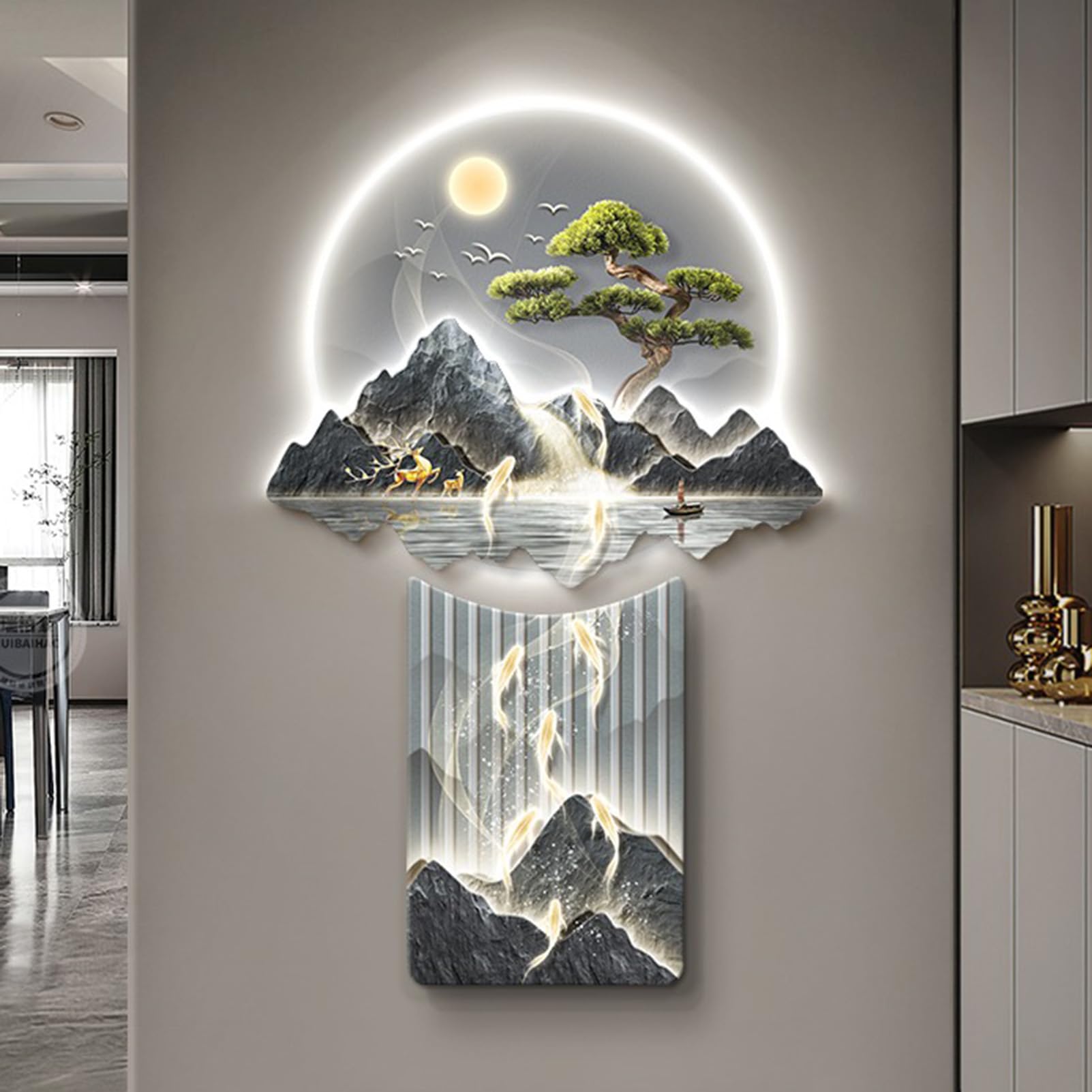 Decoración de Pared 3D con luz LED, Escultura de Arte de Pared para el hogar Moderno, Pinturas Chinas para Colgar en la Pared, lámpara Decorativa para la Entrada del hogar y el Pasillo