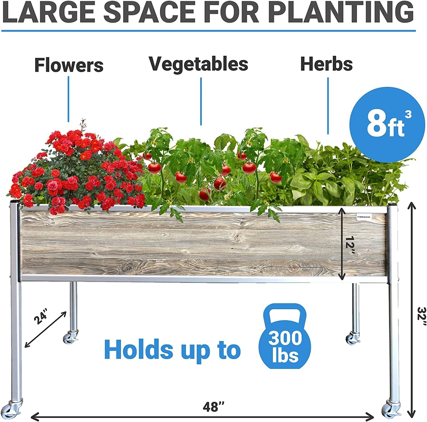 Foreman Raised Garden Bed on Wheels – Weather-Resistant Raised Garden Bed (48" x 24" x 32") with Drainage, Ideal Raised Garden Bed for Vegetables & Flowers – 300 lb Capacity, Amaretto Wood Grain