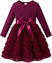 JiAmy Girls Flower Dress Long Sleeve Rose Tulle Princess Party Dress with Satin Bow, Toddler Little Girls Birthday Wedding Occasion Dresses for 2-7 Years