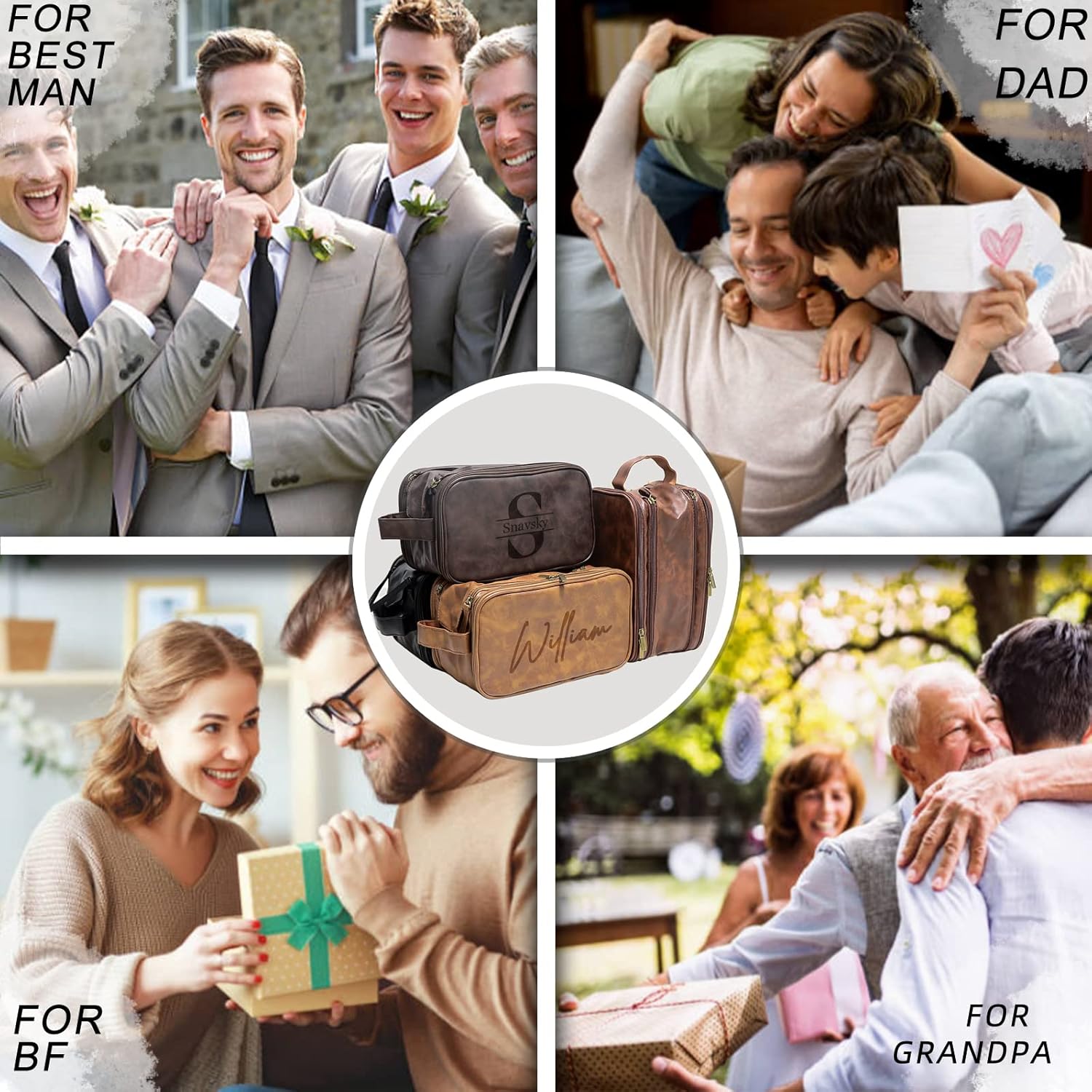 Personalized Toiletry Bag for Men, Custom Leather Travel Toiletries Bag Large Capacity, Customized Groomsmen Dopp Kit Shaving Bag, Handmade Gift for Dad, Wedding, Birthday, Husband, Grandpa - Brown