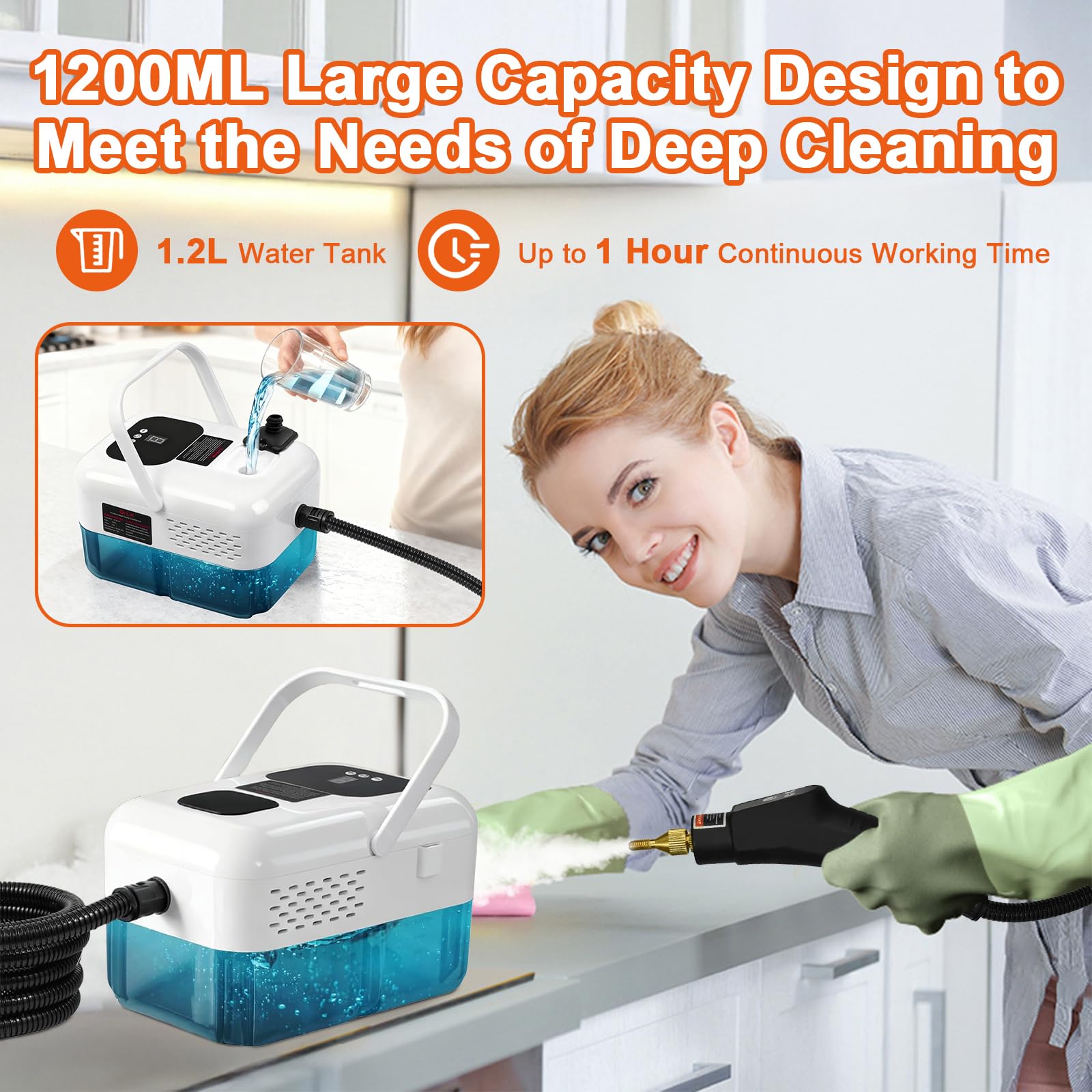 Ręczna myjka parowa z wyświetlaczem cyfrowym, 9-stopniowa regulacja Steam Cleaner, 2500 W, czas nagrzewania 15 sekund, przenośna, wysokociśnieniowa myjka parowa do mebli, sof, płytek, podłóg, okien