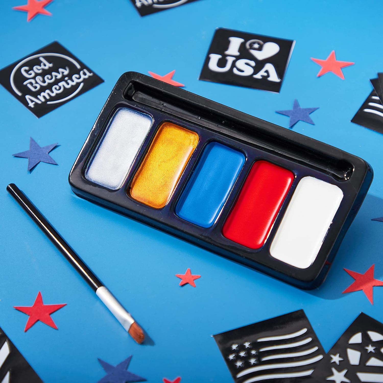 JOYIN 5 Colors Patriotic Face Body Paint Kit with Glitter and 16 Pcs Stencils Sticker for Kids, 4th of July Face Paint Red White Blue Make Up for Independence Day, Memorial Day Party, Veterans Day