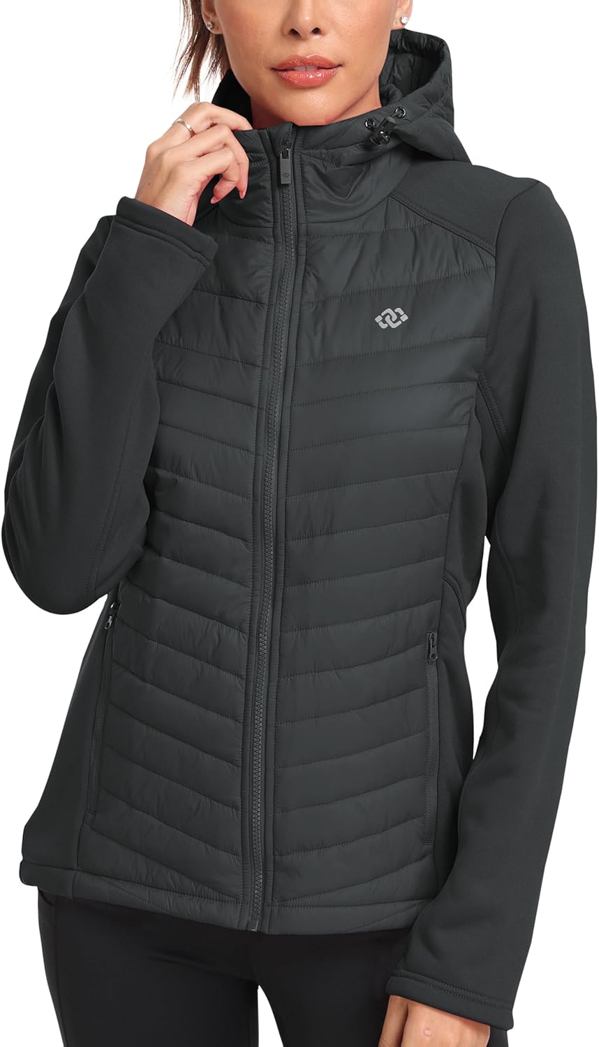  Women's Fleece Lined Softshell Jacket Hooded Puffer Hybrid Down Coat thumbnail