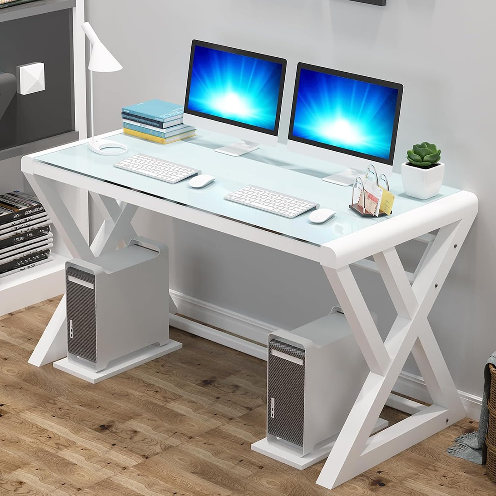 SXZenSpace Computer Desk, Game Home Modern Simple Study Glass Writing Multi-Function Workstation, Metal Frame C,80CM
