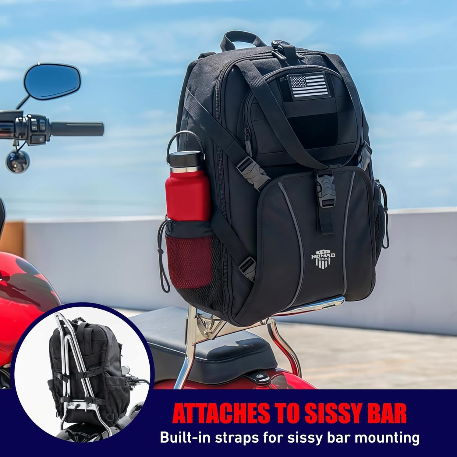 Nomad Motorcycle Backpack Fits Helmet, Bike Sissy Bar Backpack Lightweight Military Molle Tactical Back Pack Men/Women, Laptop Rucksack, Water Resistant Assault Pack Travel, Camping, Hiking Back Pack