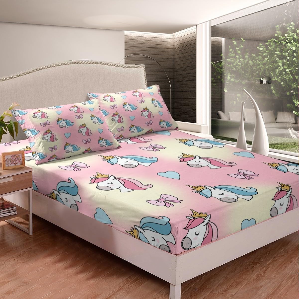 Unicorn Princess Bed Sheet Set King,Cartoon Grils Bedding Watercolor Horse Bedding Sets for Bedroom Decor,Cute Heart Bowknot Pink Blue Fitted Sheet + Flat Sheet + 2 Pillow Cases