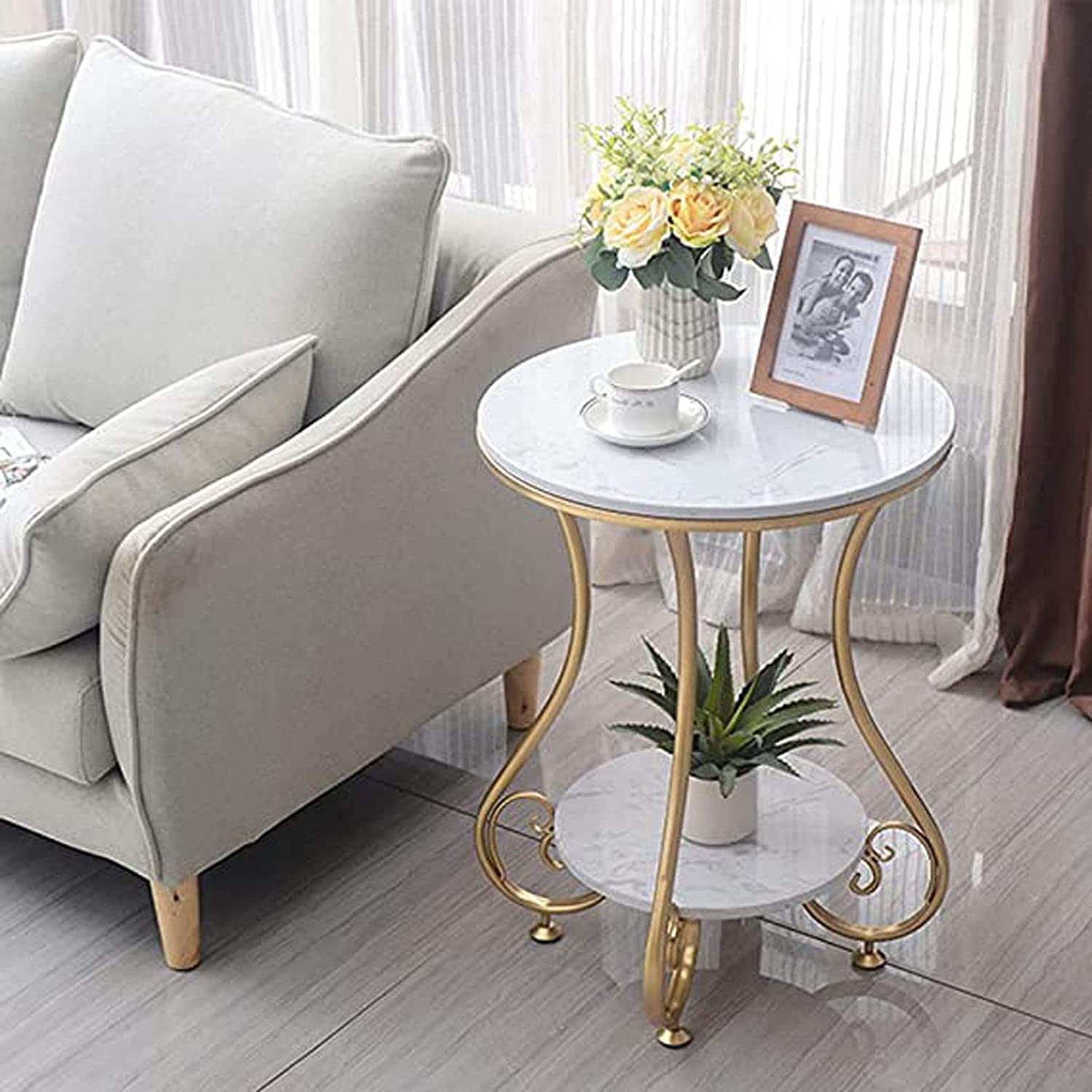 Decoration Crown Metal Nesting Coffee Table Round Modern Reception Table Bedside Table Sofa Couch Table Marble Look Wooden top and Iron Metal Frame for Living Room & Bedroom Table-image-5