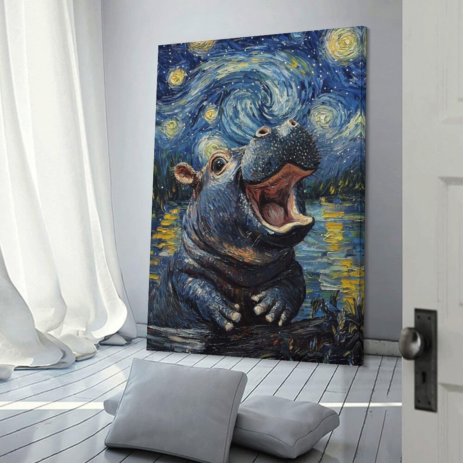 Junmoney Wall Decor Canvas Print Hippopotamus Starry Night, 08x12inch(20x30cm), for Bedroom Walls, Guest Spaces Or Lounges, An Easy Wall Refresh for Bedrooms