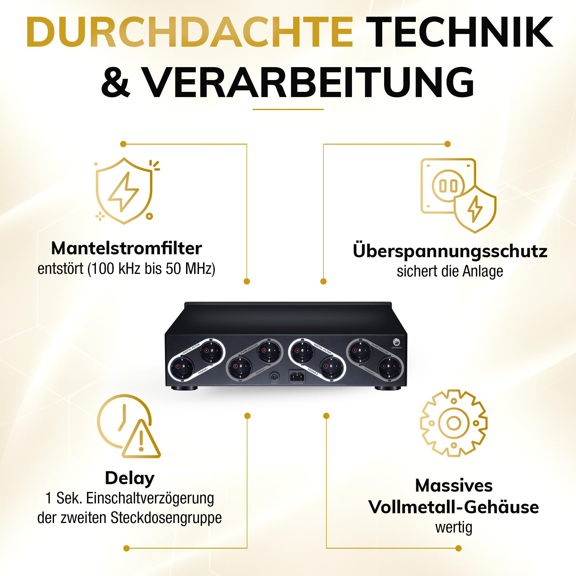 Oehlbach Powerstation 909 - Mehrfachsteckdose mit Stromfilter, Überspannungsschutz, 8 Anschlüsse, Delay-Funktion, High-End-Verarbeitung für HiFi & Heimkino, Schwarz