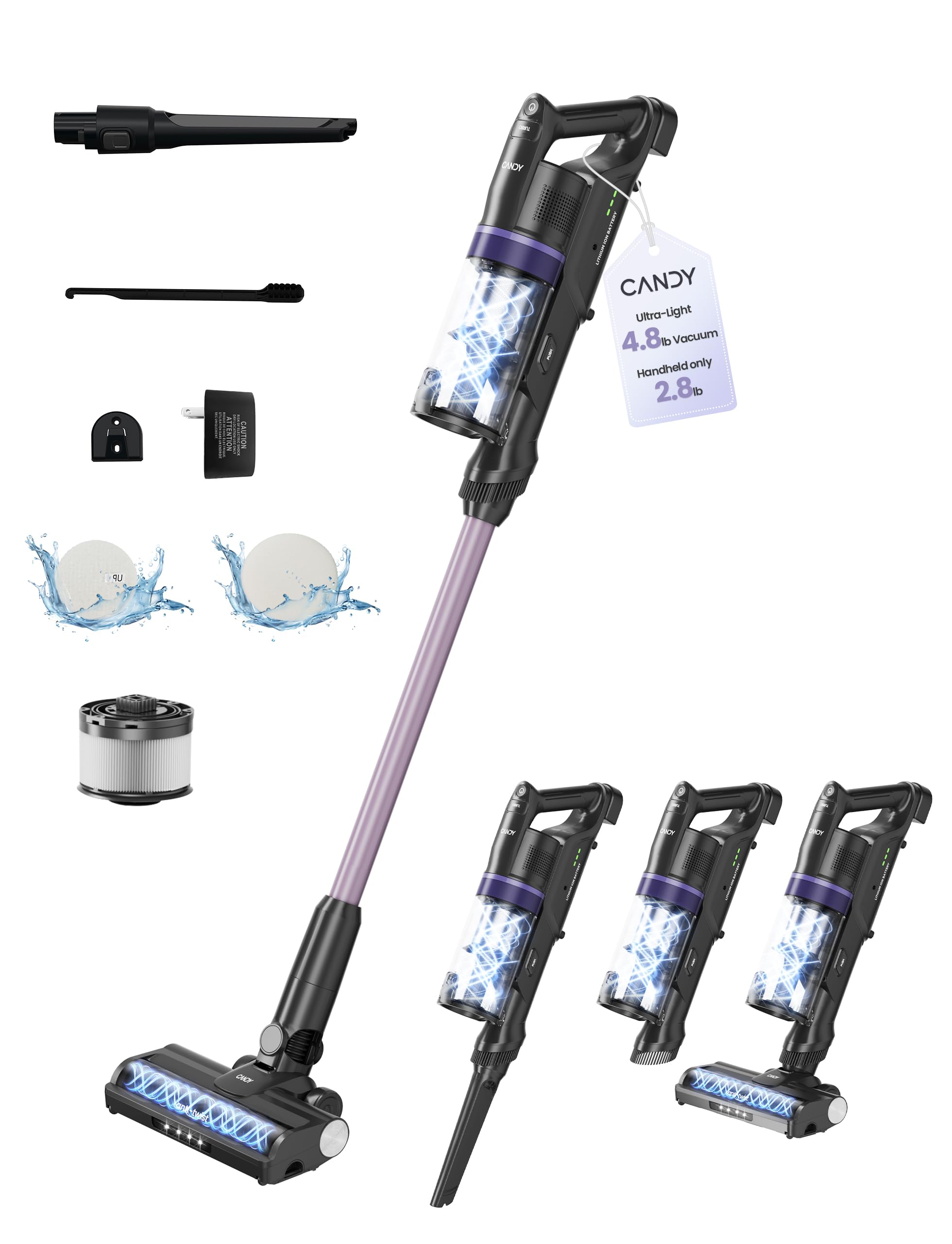 CANDY™ Cordless Vacuum Cleaner,3-in-1 Ultra-Light 4.8lb Vacuum, Anti-Hair Wrap,12-45Min Runtime,Powerful Suction,180° Flat,150° Left Right Swivel,HEPA Filtration for Carpets, Hard Floors & Pet Hair
