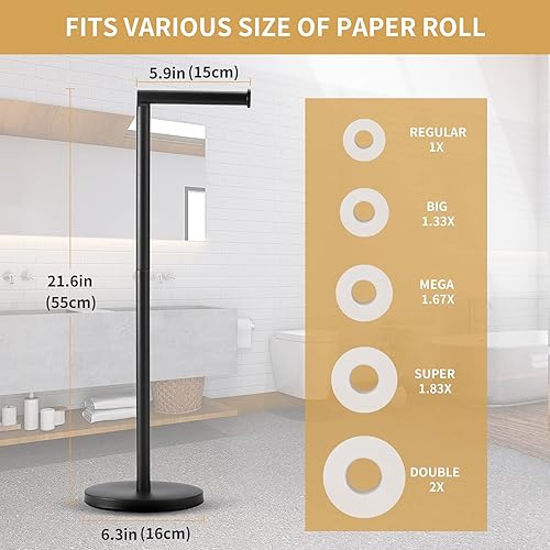 Miniatura 6 de Soporte de papel higiénico, soporte de rollo de papel higiénico con almacenamiento, negro mate, rollo extra disponible, base pesada, acero