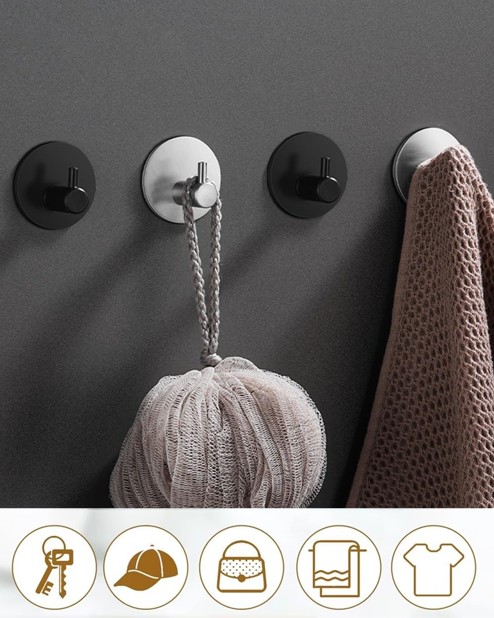 YLITREUS Ganci Adesivi da Parete 6 Pezzi – Porta Asciugamani Nero in Acciaio Inox Senza Forare per Bagno, Cucina, Camera da Letto e Soggiorno