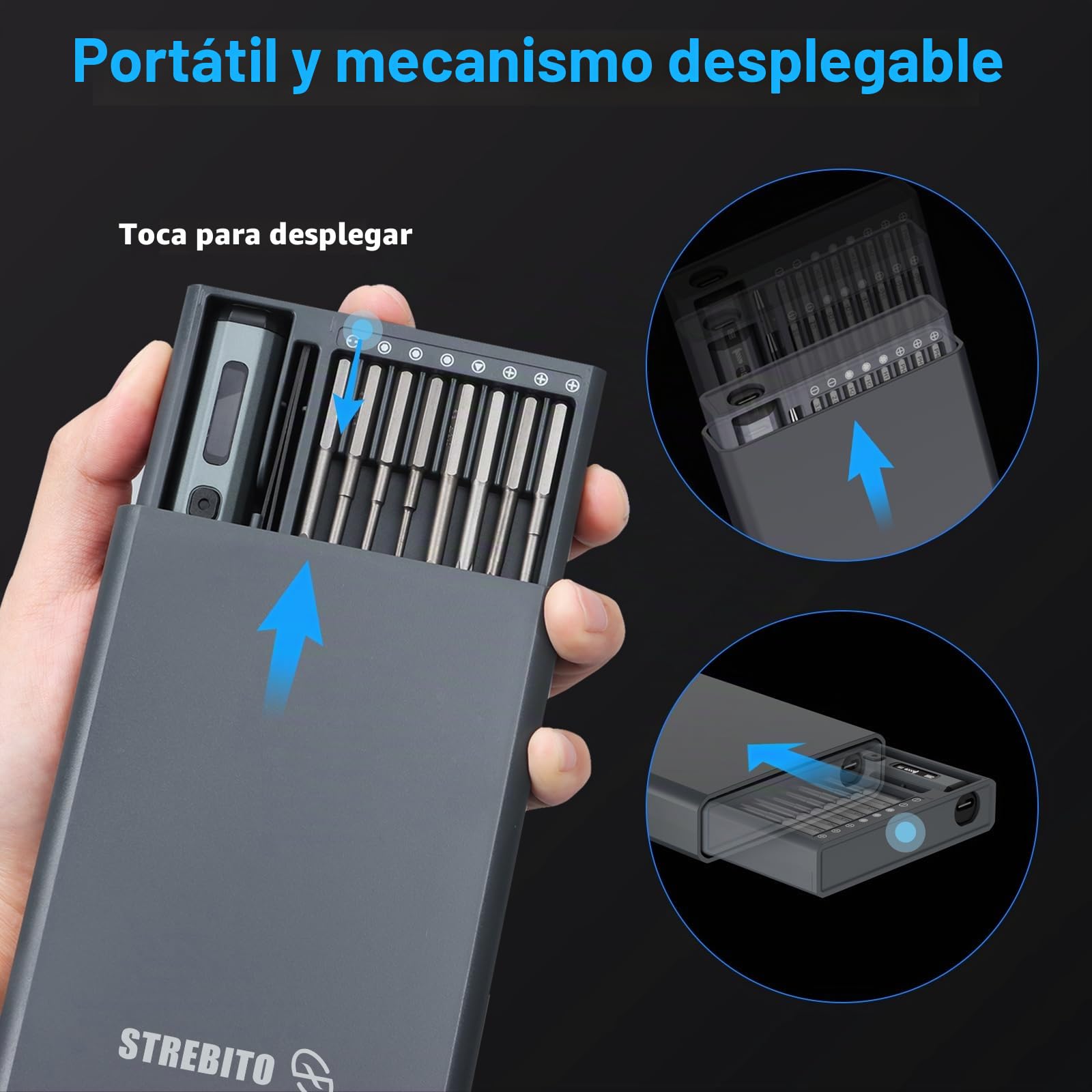 STREBITO Juego de mini destornilladores eléctricos, kit de destornilladores eléctricos pequeños 70 en 1 máximo con luces, 5 par mejorado, 64 puntas magnéticas, destornillador eléctrico de precisión