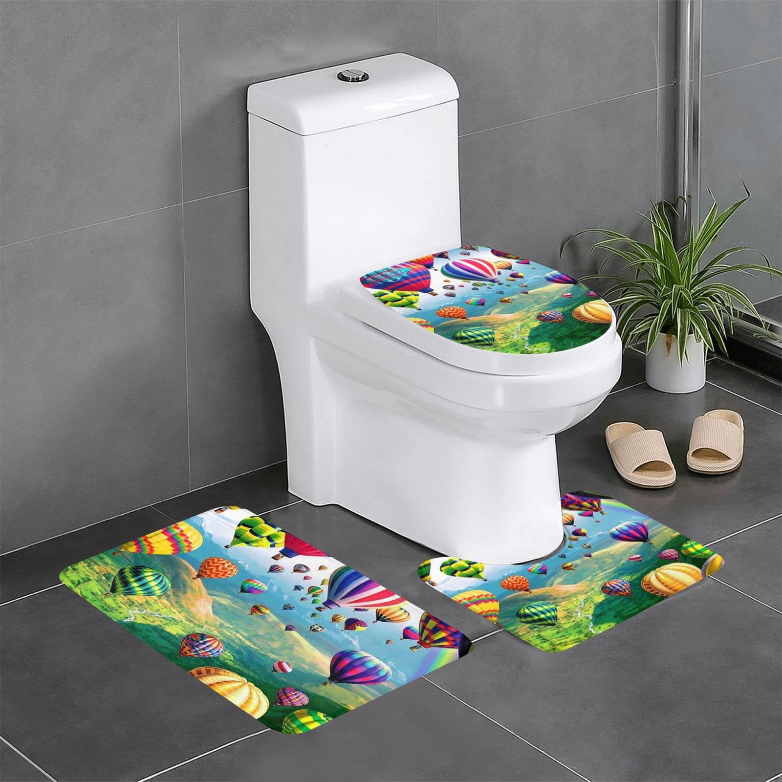 Tapis de salle de bain antidérapant 3 pièces à motif ciel et montgolfière