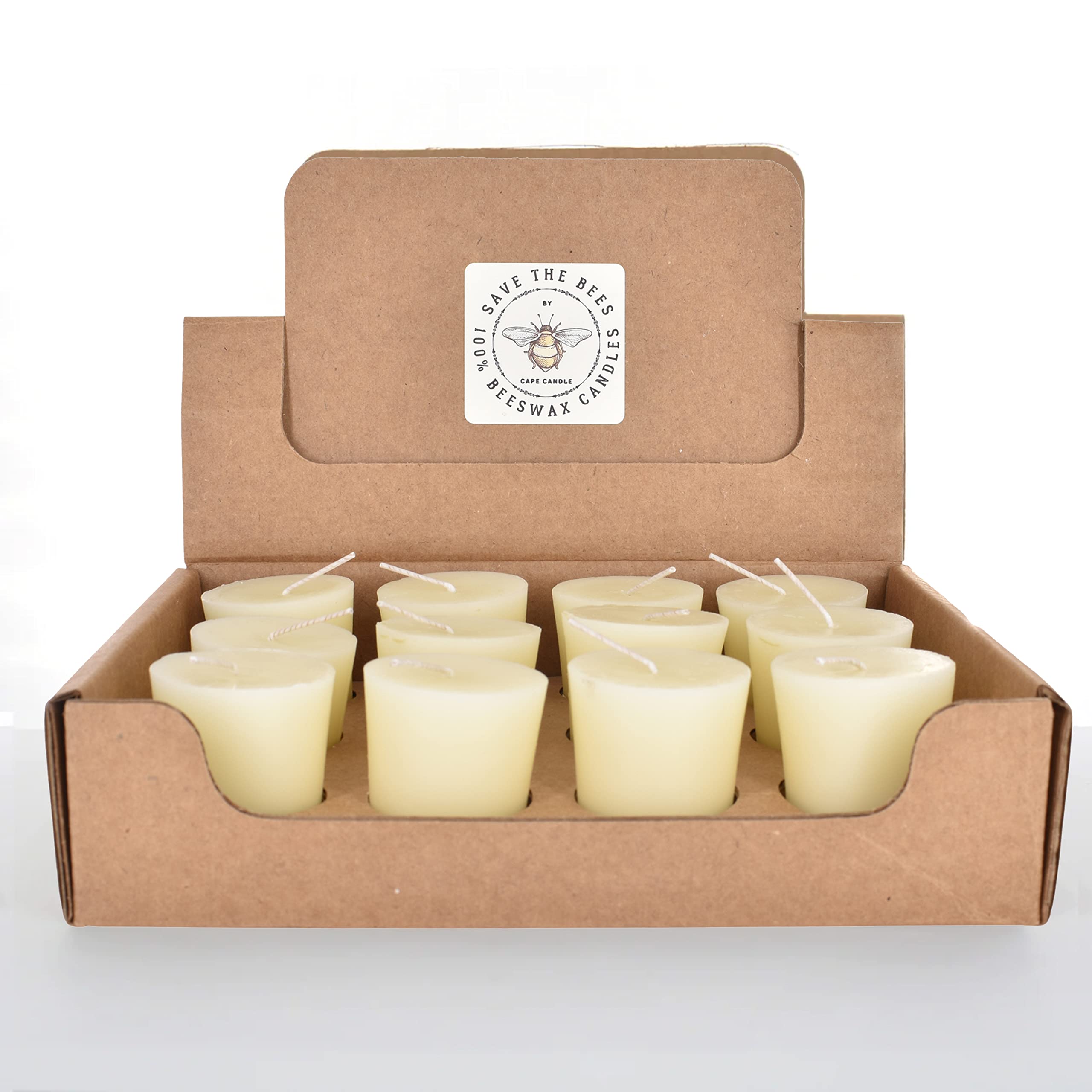 100% Beeswax Votives (Box of 12) Save The Bees by Cape Candle (Ivory)