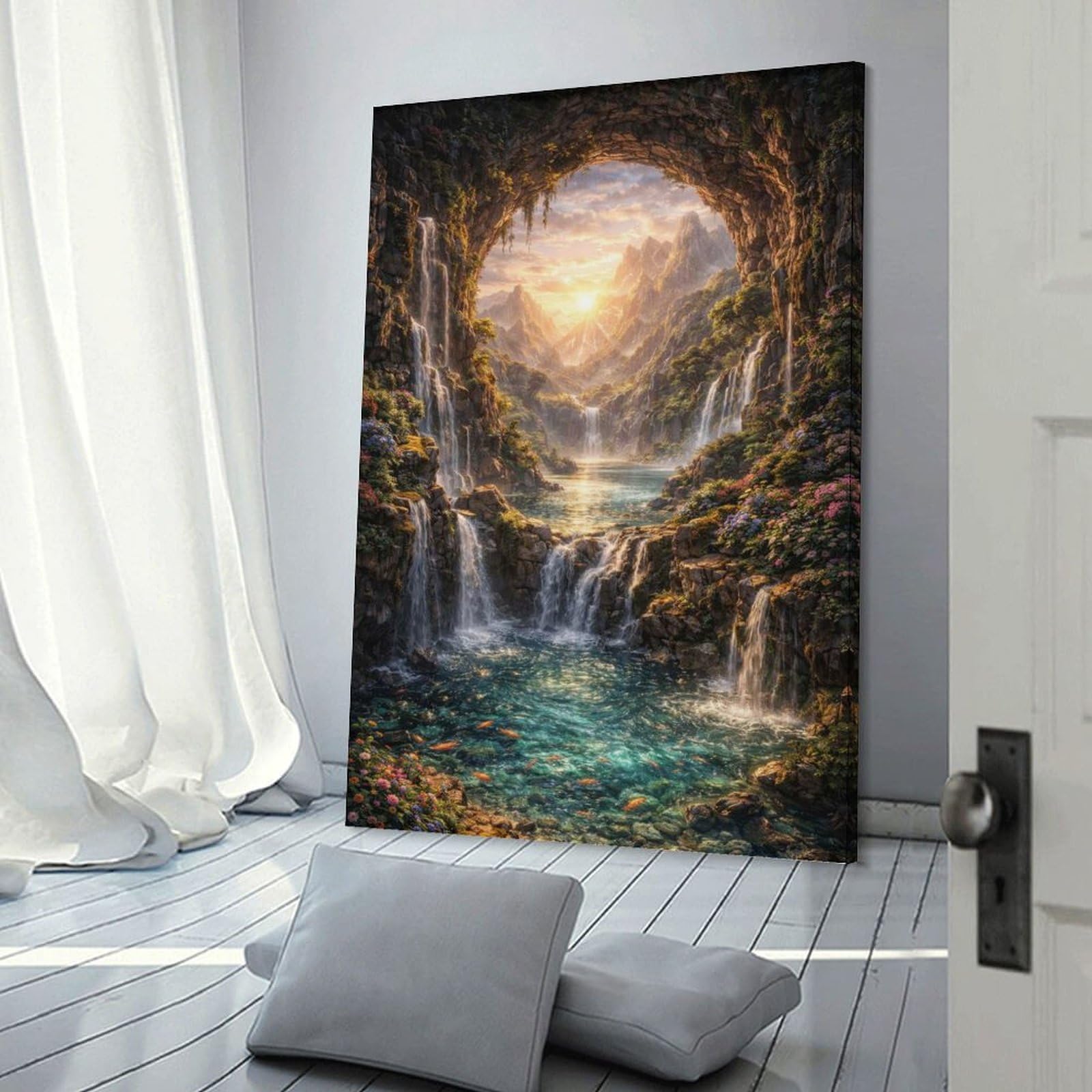 Junmoney Frame-Style-11 Waterfall Cave Landscape Decorative Canvas Print, 24X36inch(60X90cm), For Home, Office, Studio Or Guest Room, Versatile Wall Decor For Many Rooms