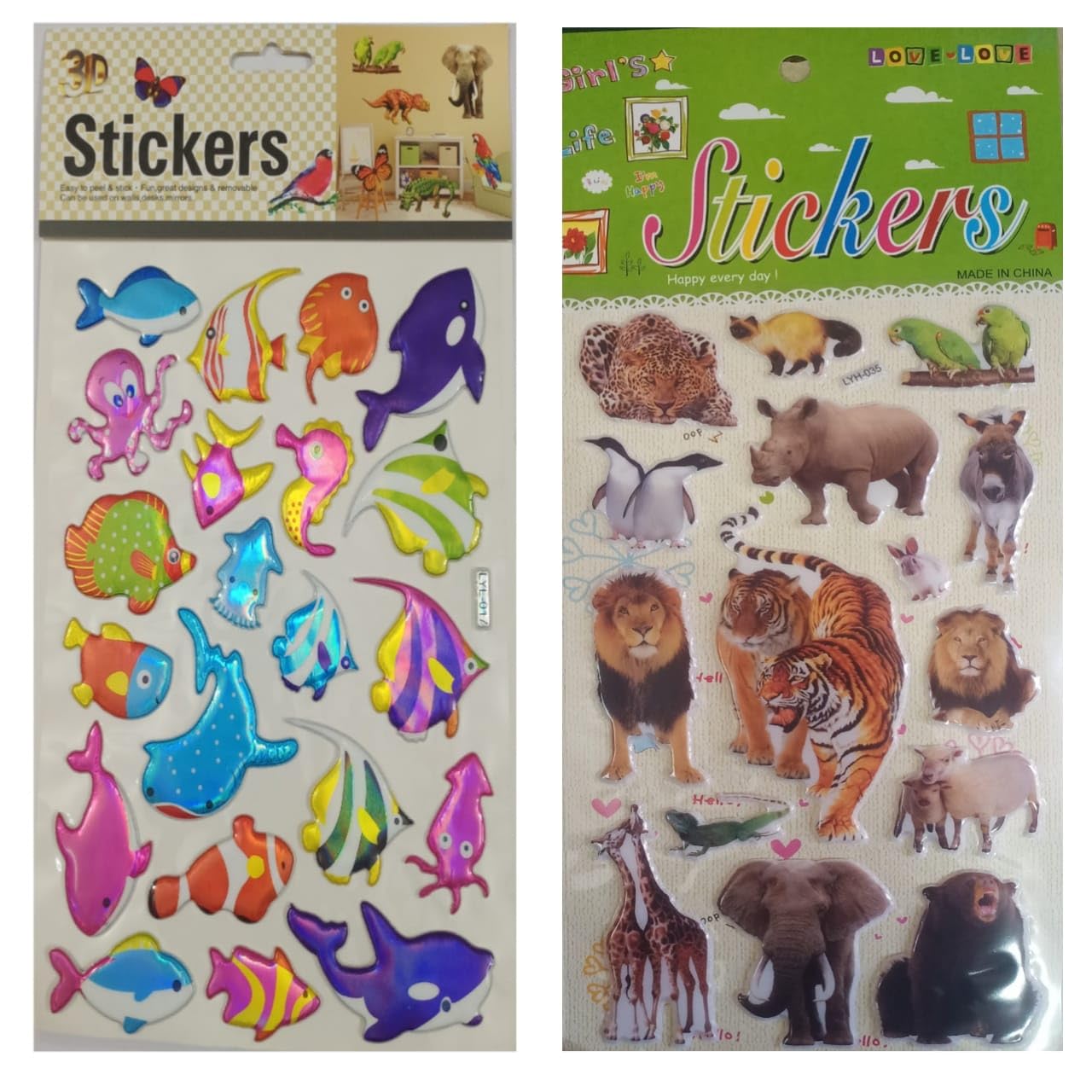 FULLFILLS Puffy 3D Foam self Adhesive Kids Stickers for Kids Room Wall Books Cover Decoration (1Sheet FISHES-1Sheet Wild Animals)