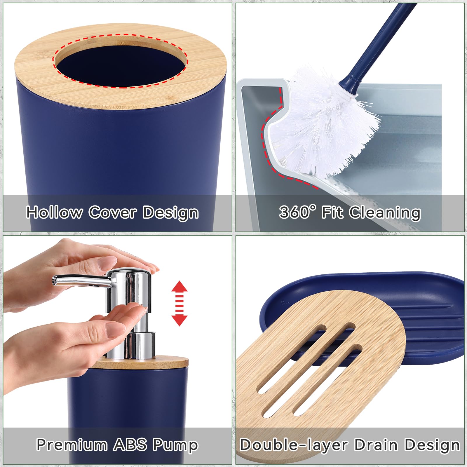 SLDIYWOW - Accesorios de baño azules, 9 accesorios de baño azul marino con cubo de basura, bandeja, dispensador de jabón, soporte para cepillos de dientes, vaso para cepillos de dientes, jabonera
