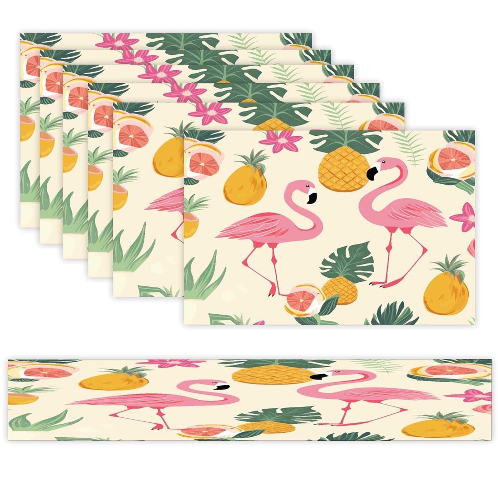 Flamingos and Pineapples Table Runner and Placemats Set of 6 for Kitchen Washable Table Mats Heat Resistant Place Mats Non-Slip Place Mat Wipeable Placemat(6 Placemats+1 Table Runner)