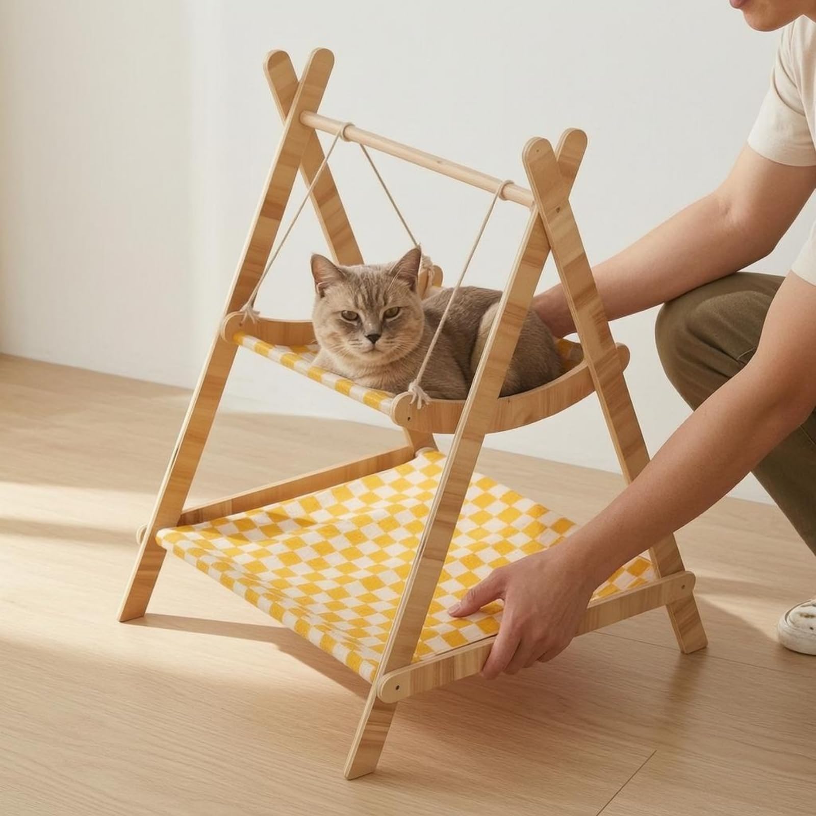 Gralara Amaca Gatto Legno Struttura Triangolare Doppio Livello Uso Interno Accessorio Animali per Gatti, Amaca A Doppio Strato Con Altalena - In Tela Di Iuta