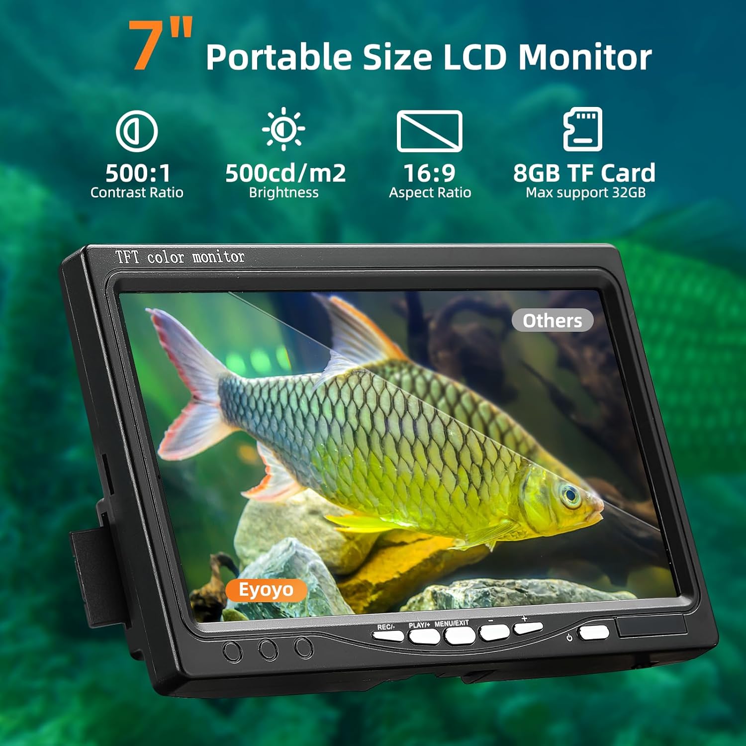 Eyoyo 7-inch portable LCD monitor displaying an underwater scene with a fish.