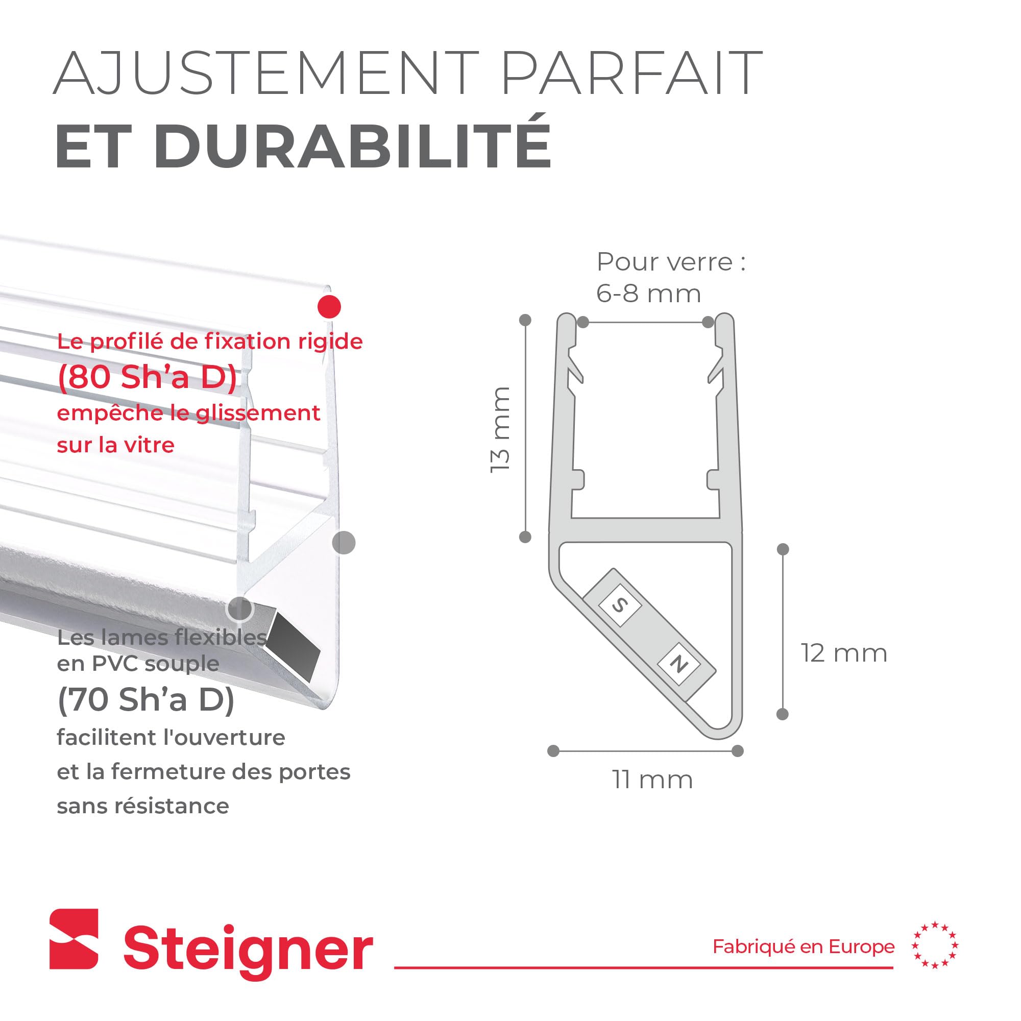 STEIGNER Joint magnetique douche UKM04 185 cm (1 pc.) - Joint porte de douche d’angle, pentagonale, arrondie, en niche ou quart de cercle avec porte 6-8 mm - Étanchéité, Protection contre les fuites