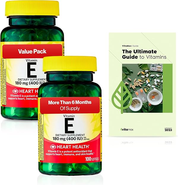 Spring Valley Vitamina E Suplemento dietético para la salud del corazón, cápsulas blandas, 180 mg (400 UI), 200 unidades, paquete de 2 + Guía de vitaminas VitaMax exclusiva (3 artículos)