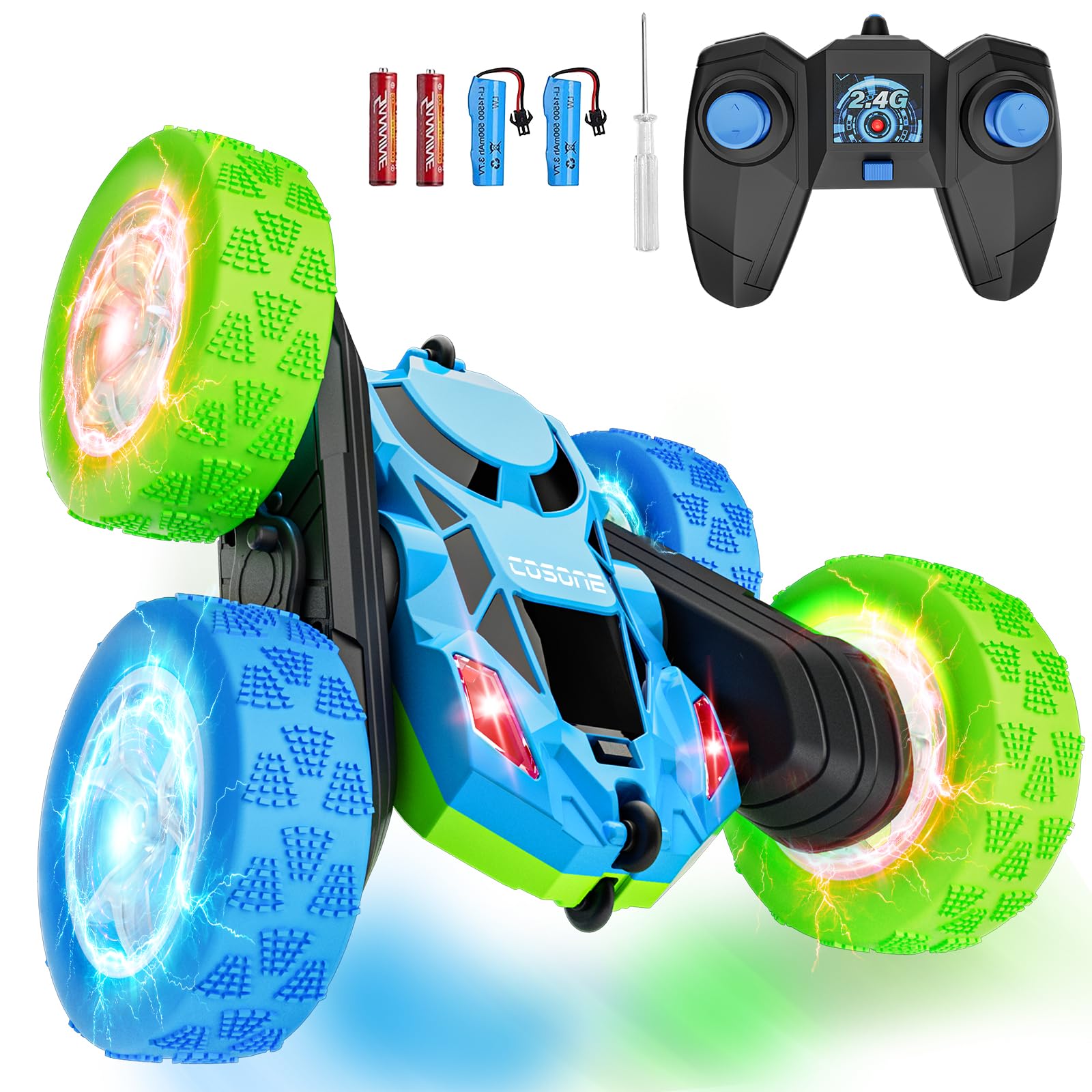 cosone Voiture Télécommandée pour Enfants - avec Lumières de Roue Cool - Rotation à 360 ° - Jouet pour Garçon de 6, 7, 8, 9, 10-12 Ans, (Bleu et Vert)