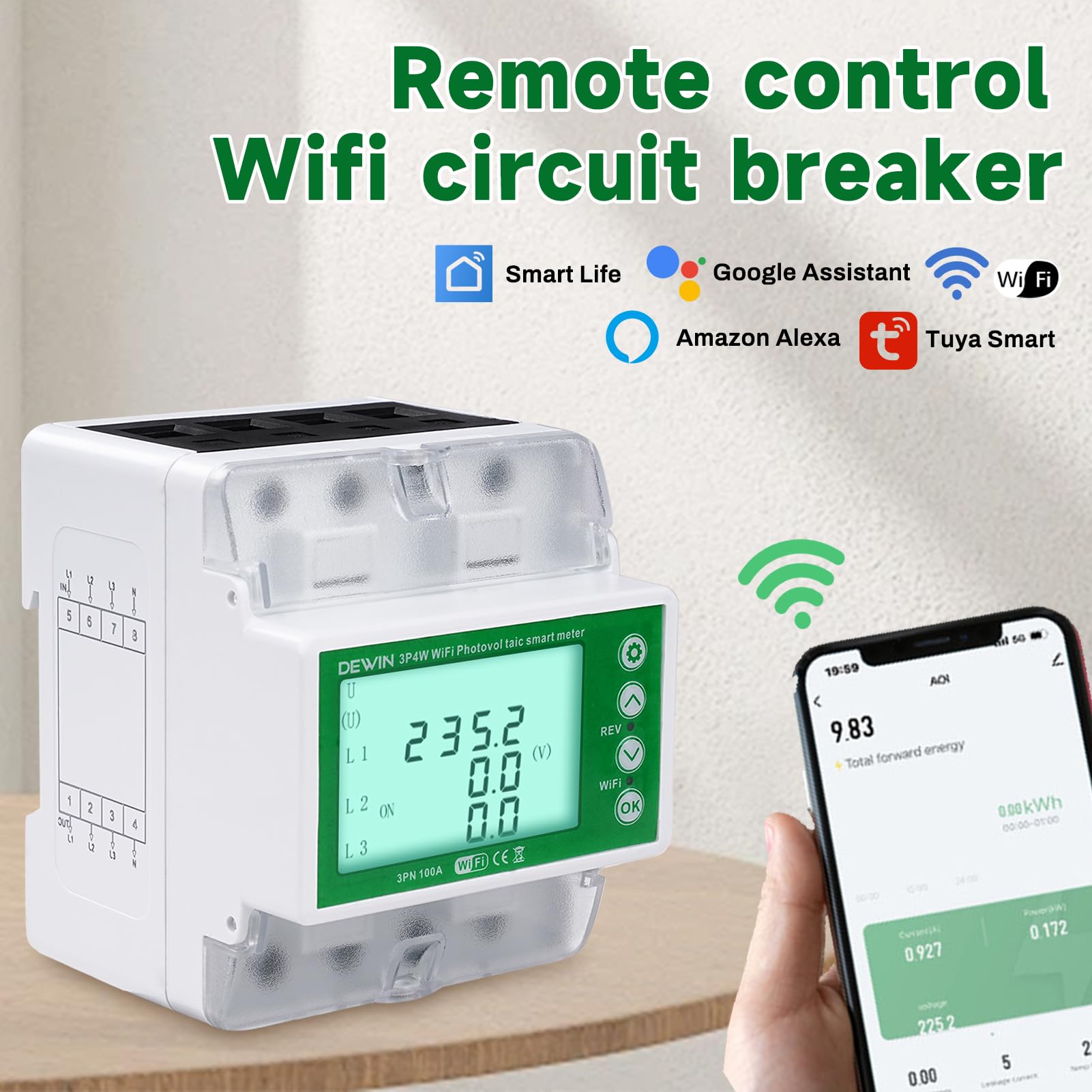 Contador Eléctrico Trifásico, Contador Inteligente Bidireccional Tuya WiFi con Protección Contra Sobretensión y Contra Sobrecorriente Contador Inteligente 100 A 380VCA Blanco