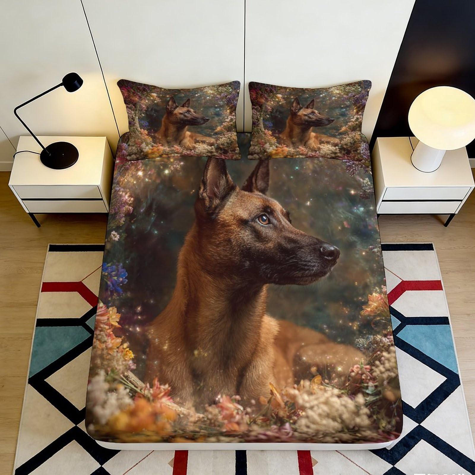 3D Printed Dog Portrait Fitted Sheet Microfiber Soft Durable Floral Pattern Mattress Cover for Bedroom Dormitory Guest Room Bed Protection 180x200x25cm