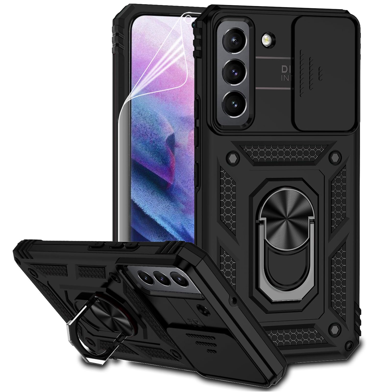 for Samsung Galaxy S22 Plus Case with Camera Lens Cover HD Screen Protector, Military-Grade Drop Tested Magnetic Ring Holder Kickstand Protective
