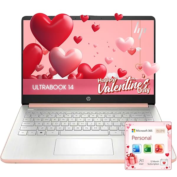 HP Rose Gold Ultrabook 14 Laptop with Microsoft 365 Home and Business • Intel 4-Core CPU • 1.1TB Storage (1TB OneDrive and 128GB SSD) • 8GB RAM • Windows 11 w/o Earphones