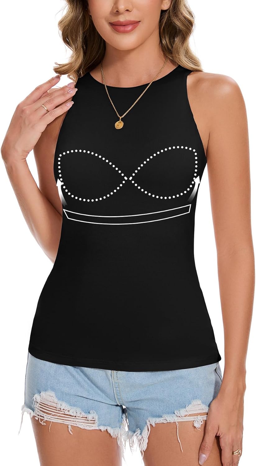 ANYFITTING Built in Bra Tank Tops for Women Sleeveless High Neck Fitted Shirts Summer Spring Basic Undershirts