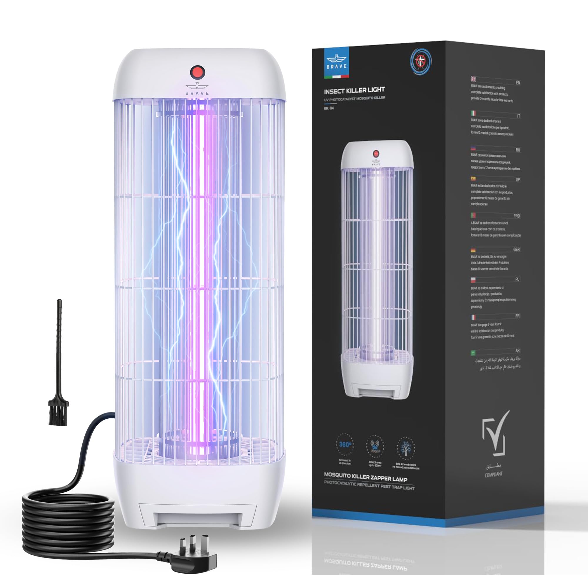 BRAVE 15W Electric Bug Zapper | 1800V High Voltage Mosquito Killer | 200m² Large Area Coverage for Indoor & Outdoor Home, Garden | ECAS Certified with 1m Cable & UK Plug - White (BIK-04 W)