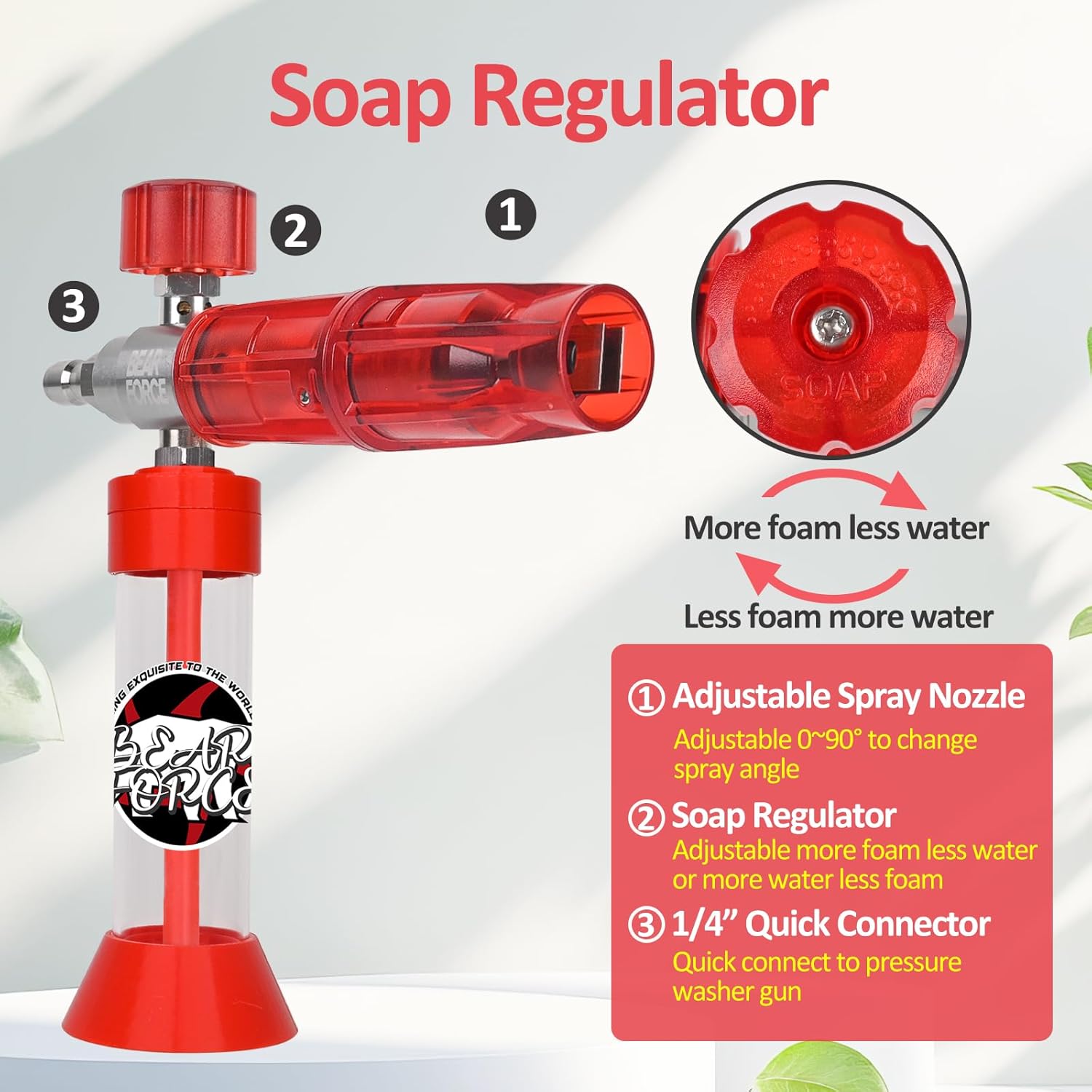 BEAR FORCE Pressure Magnetic Suction Mini Foam Cannon Pro with 1/4 Quick Connector, Pressure Washer 360° Adjustable Snow Foam Lance, Car Wash Soap Dispenser for Thick Foam