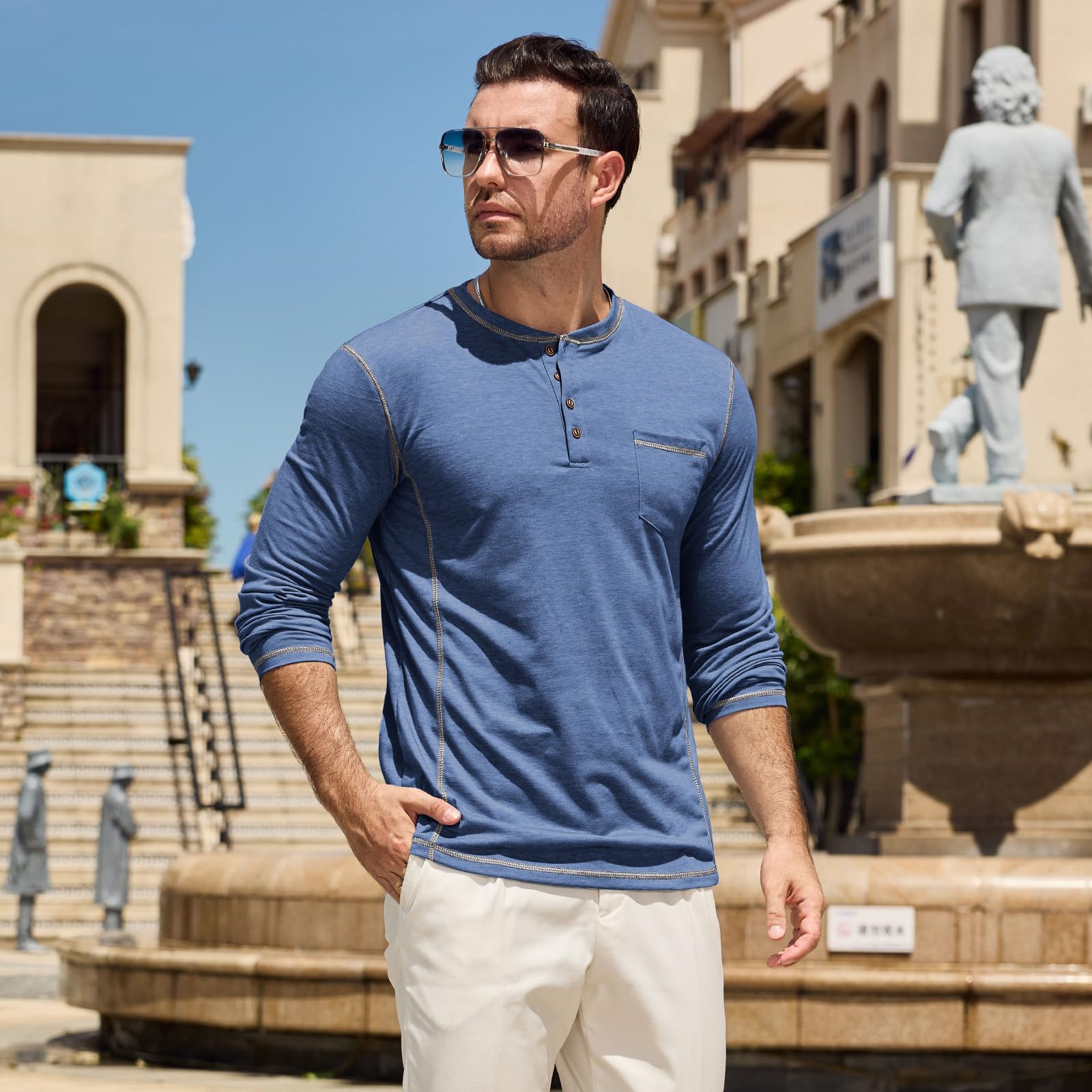 Camiseta de manga larga para hombre, con cuello tunecino en V Henley con bolsillo Polo y botones ligeros, M-3XL