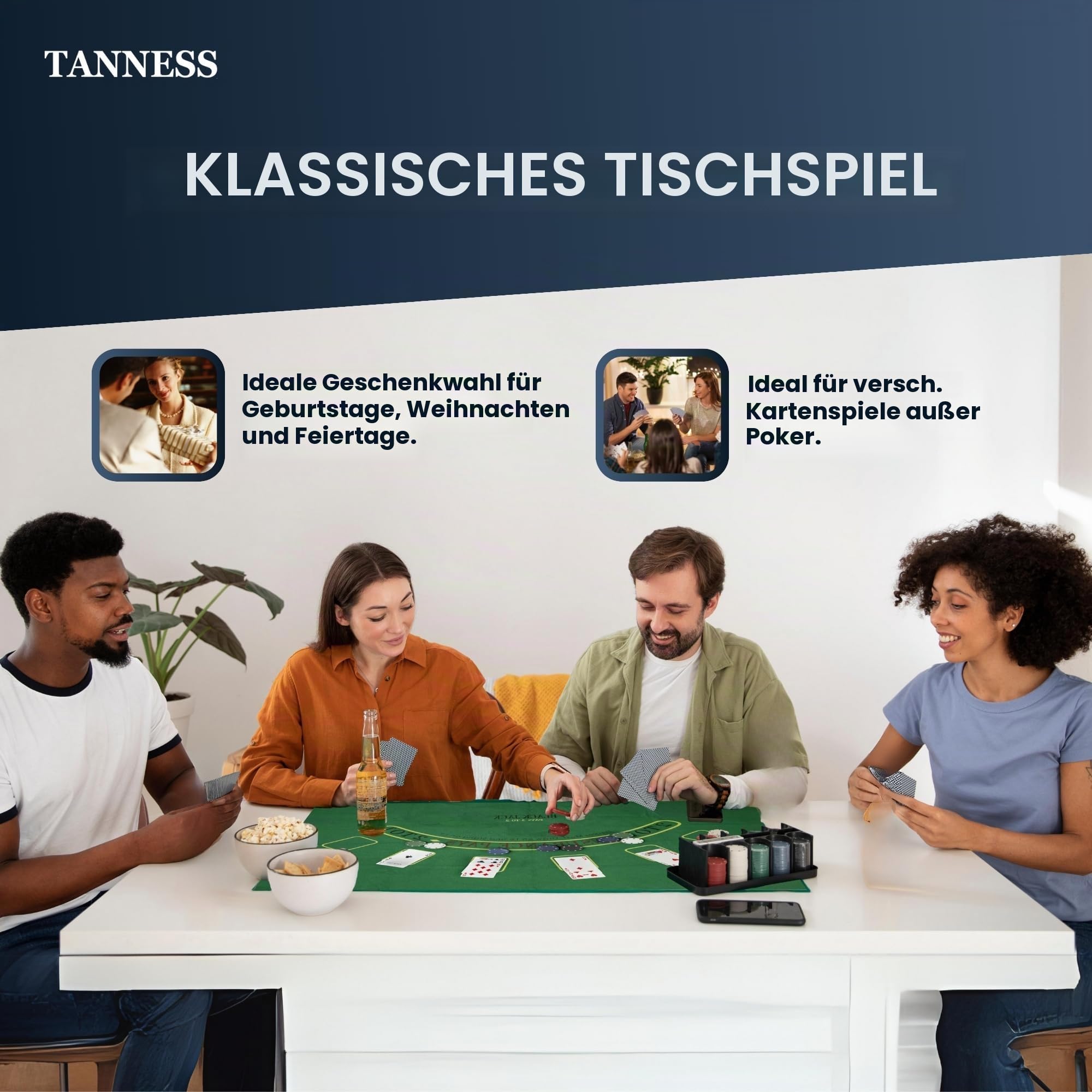 Tanness Pokerset 200 Stück Pokerkoffer mit Pokerchips, Poker Karten & Spielmatte | Casino Poker Set für Texas Hold’em & Blackjack | Poker Chips Set im Metallkoffer | Komplettes Poker Spielset