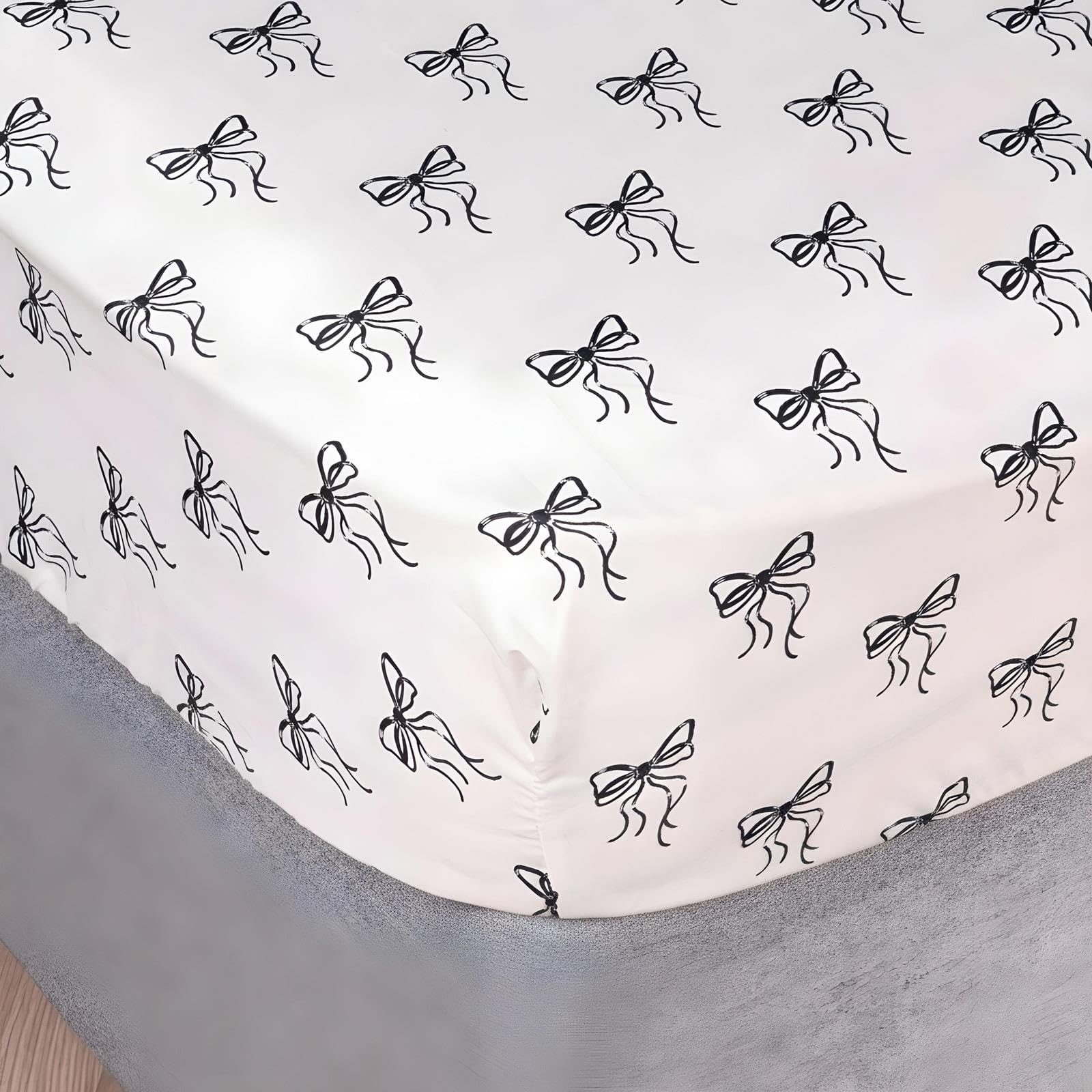OHS Bow Print Fitted Bed Sheets Double, Bow Gifts for Women Easy Care Soft Microfibre Fabric Deep Pocket 25cm Shrinkage and Fade Resistant Bed Sheet, Monochrome - 135 x 190cm
