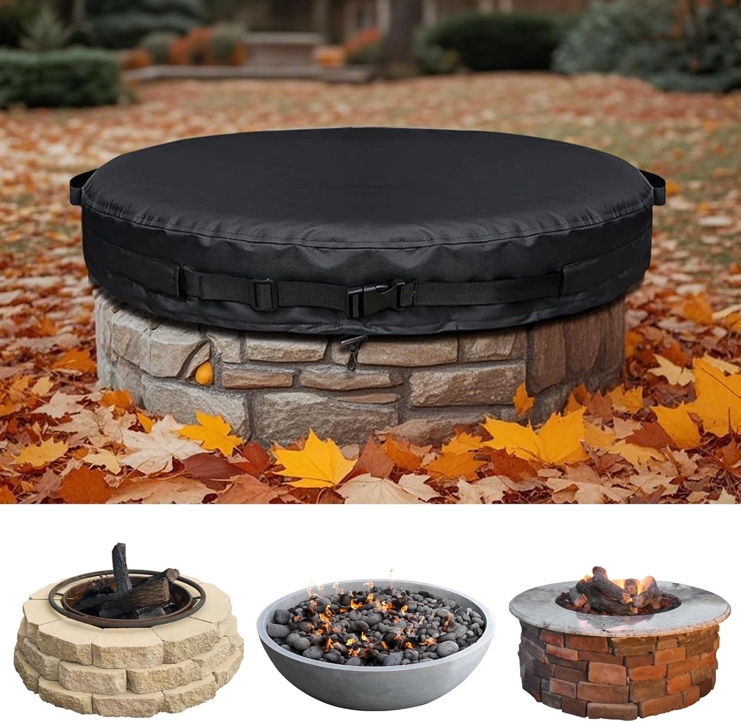 51-74.8" Round Fire Pit Cover Heavy Duty 600D Oxford Waterproof Outdoor Firepit Cover with Adjustable Buckle Strap for In-Ground Built-In Stone/Gas Fire Pits (BLACK, 56”)