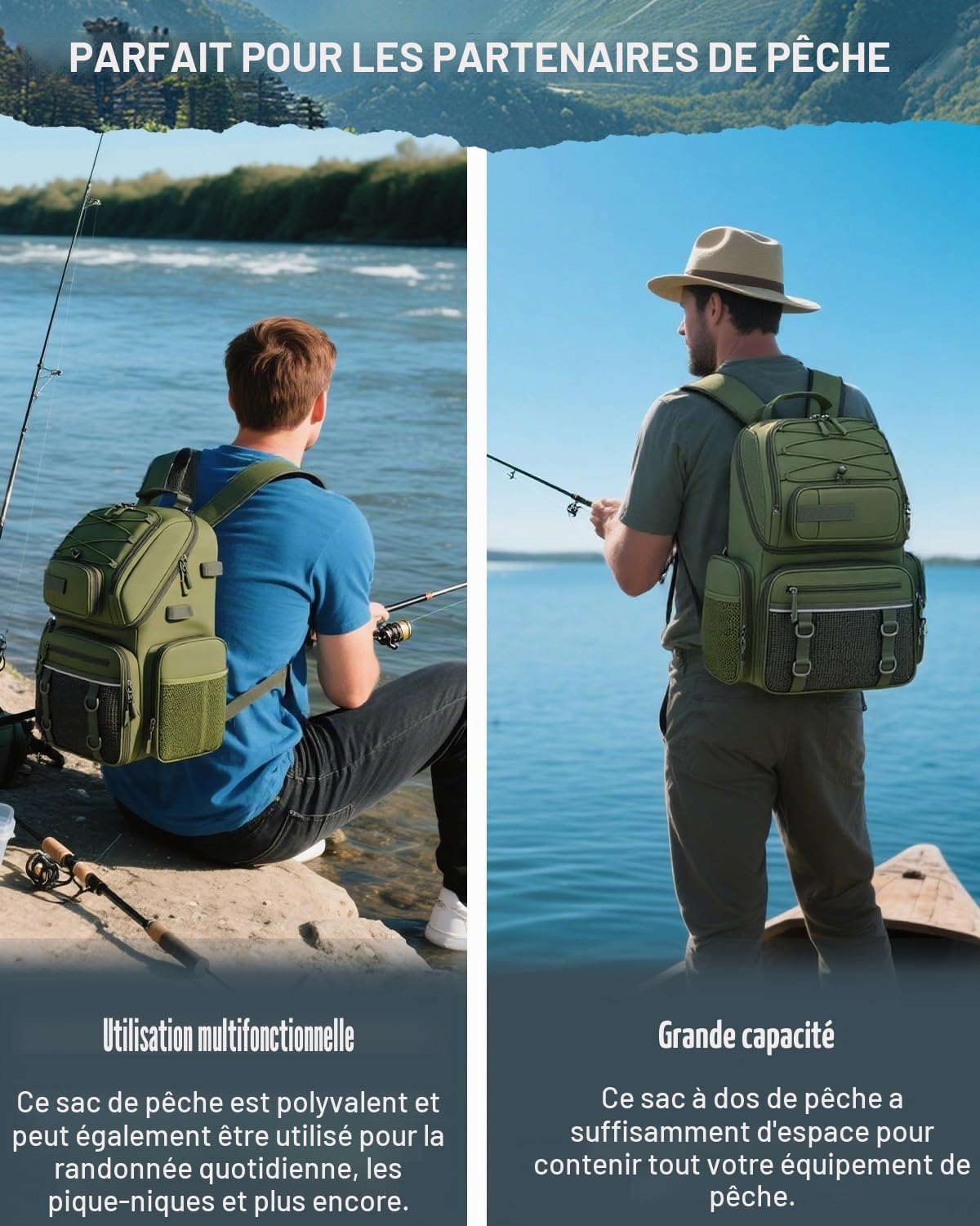 Sac à dos de pêche avec boîtes (incluses), mallette de 45 L avec compartiment isotherme, boîte de rangement étanche – Grand sac à compartiments réglables, sacs de canne à pêche