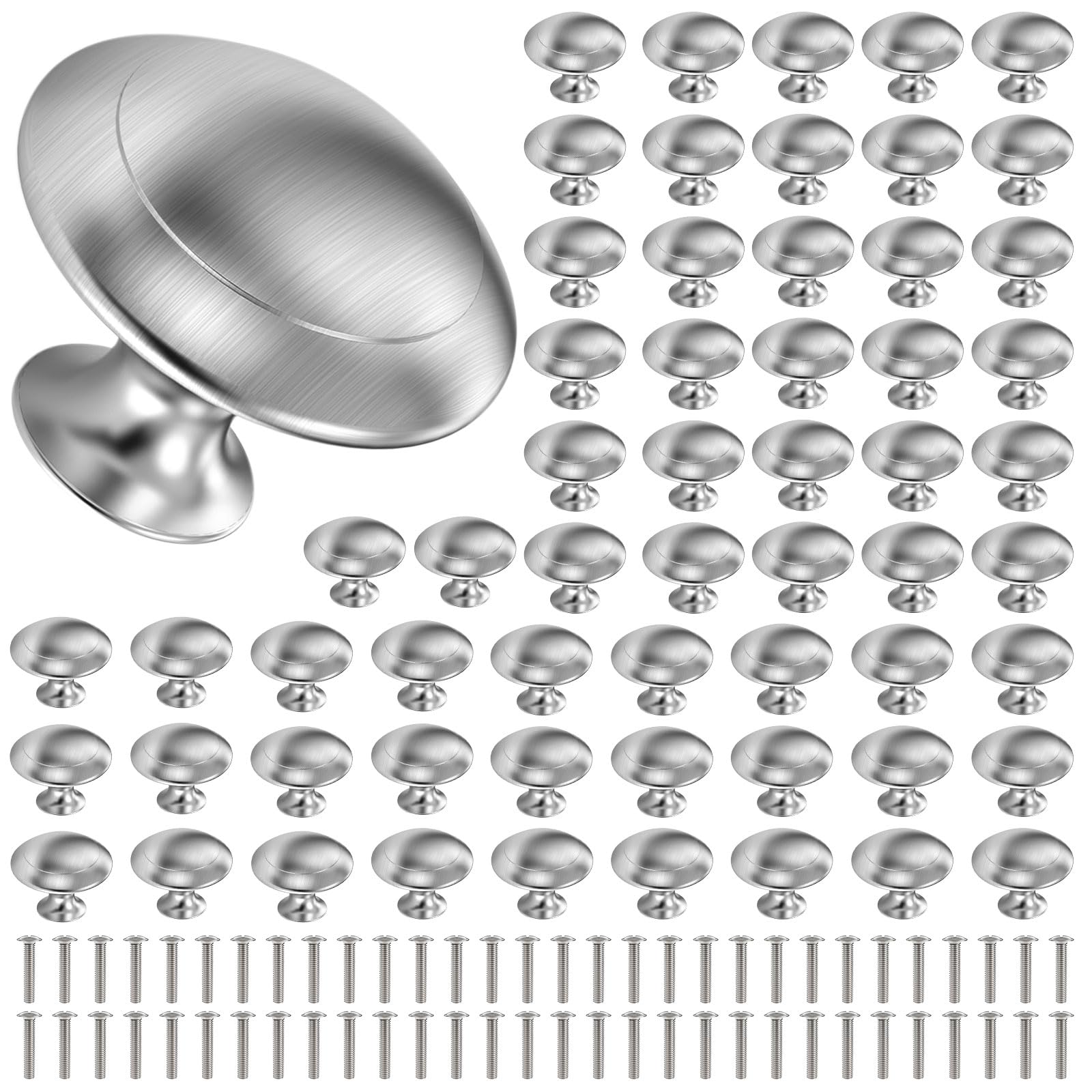 PATNFR 60Pcs Kitchen Door Knobs and Handles - Silver High Strength Zinc Alloy Cabinet Mushroom Drawer Pull 30mm Round Furniture Door Knobs for Furniture, Wardrobes, Bathroom