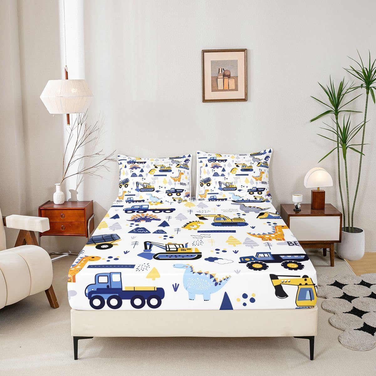 Feelyou Cartoon Car Bed Sheets for Boys Full Size Toddler Kids Construction Dinosaur Bed Set Equipment Trucks Sheet Set Cute Vehicles Kawaii Jungle Dino Sheets Decor,Yellow Blue