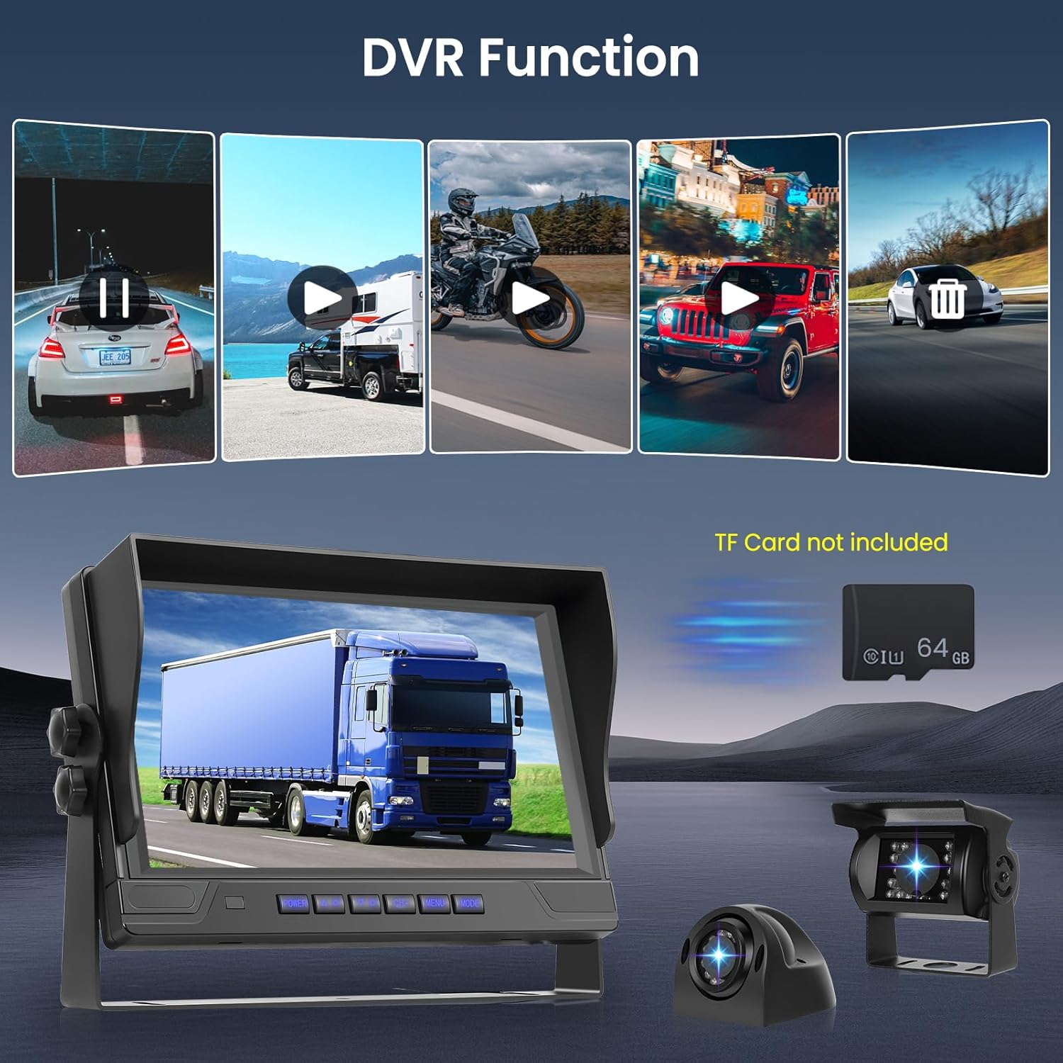 DVR function showing video recording capability with a note that TF card is not included.